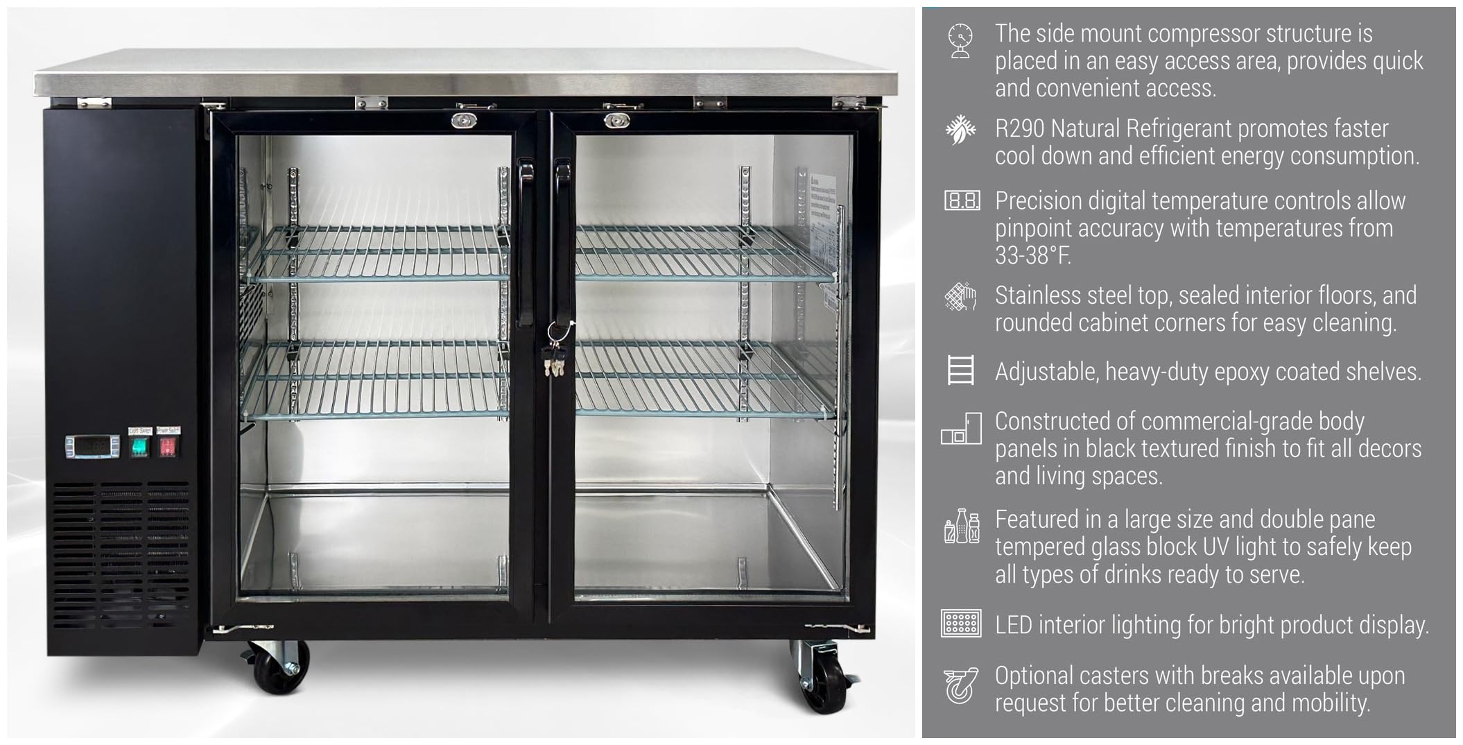 Elite Kitchen Supply Commercial Beer Back Bar Cooler Refrigerator, Etl 2 Glass Door Bottle Display Fridge Cooler Merchandiser, 48" W 11.8 Cu.Ft, LED Lighting, Black on Fridge.com - View 4