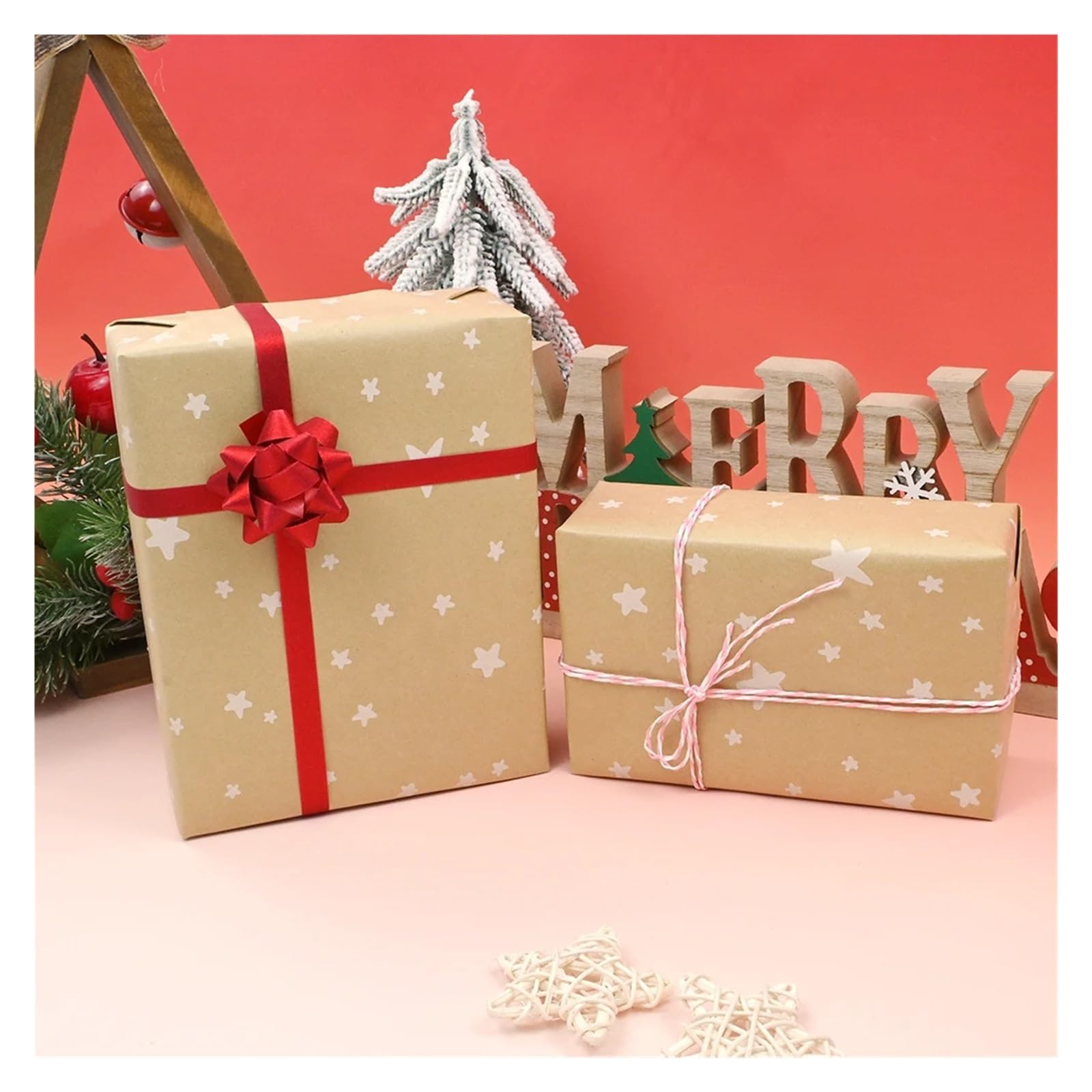 1 Rolle Geschenkpapier mit Sternenmuster, Geschenkpapierrolle for Weihnachten und Geburtstage, braunes Kraftpapier for Geburtstag und Weihnachten