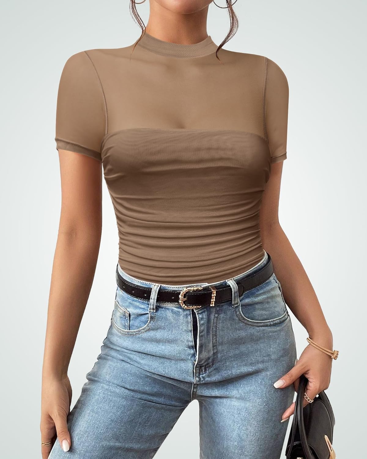 Women's Mesh Sexy Mock TurtleNeck Bodysuits Short Sleeve Shirt Ruched Sheer Body suit Summer Trendy Going Out Tops - Image 5