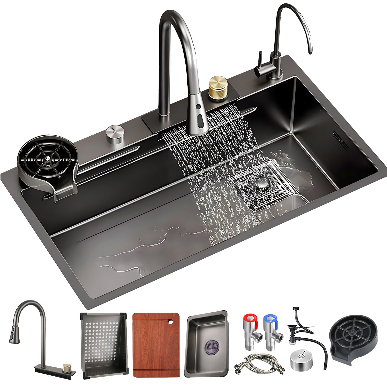 YADZISW Black Stainless Steel Kitchen Sink - Top Mount Waterfall Design Single Bowl with Pull-Out Faucet Drain Basket & Glass Cleaning Modern Upgrade