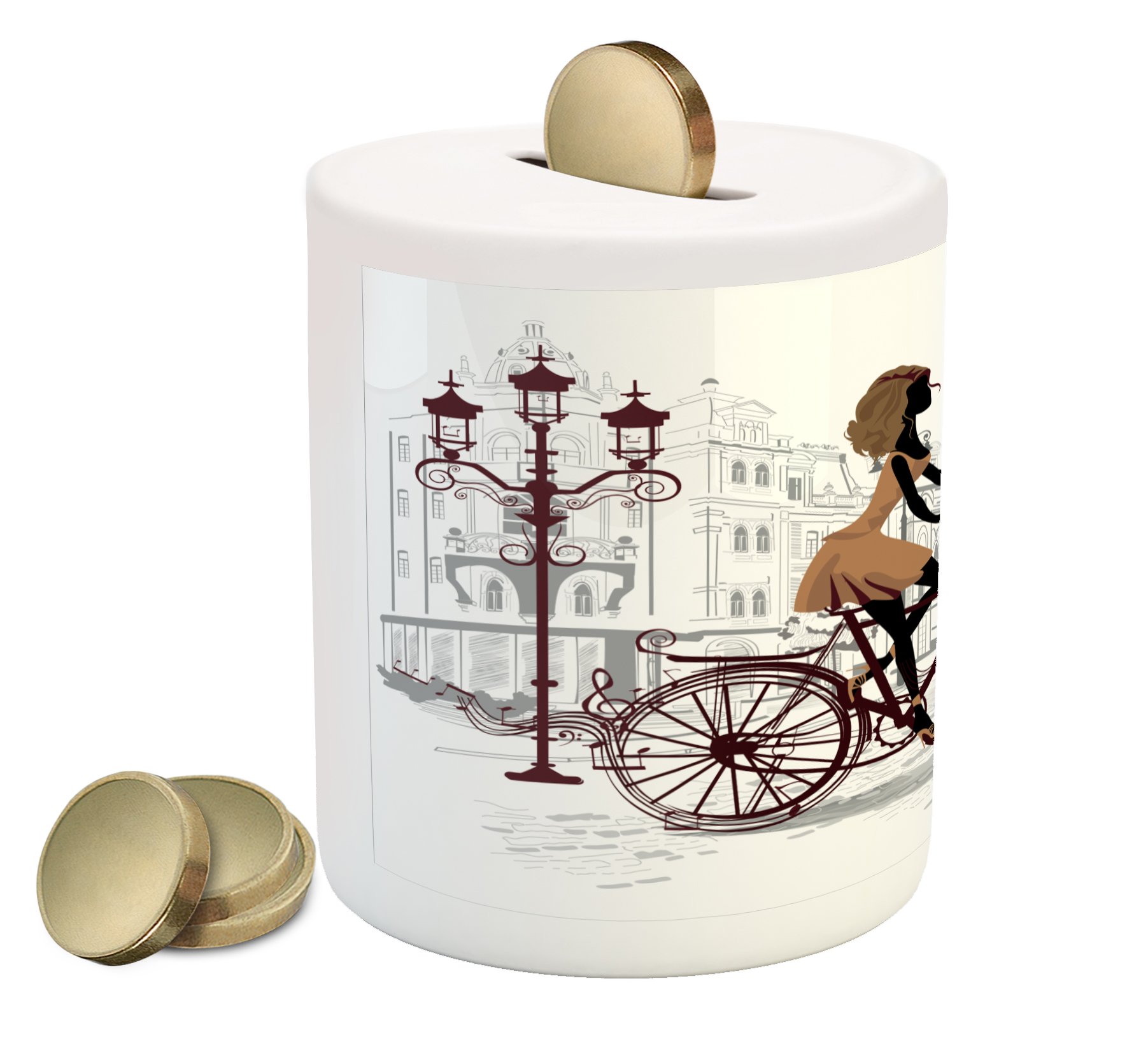 Ambesonne Paris Piggy Bank, Classic French Scenario of a Lady with Bicycle on Streets Illustration, Ceramic Coin Bank Money Box for Cash Saving, 3.6" X 3.2", Brown and Chestnut Brown