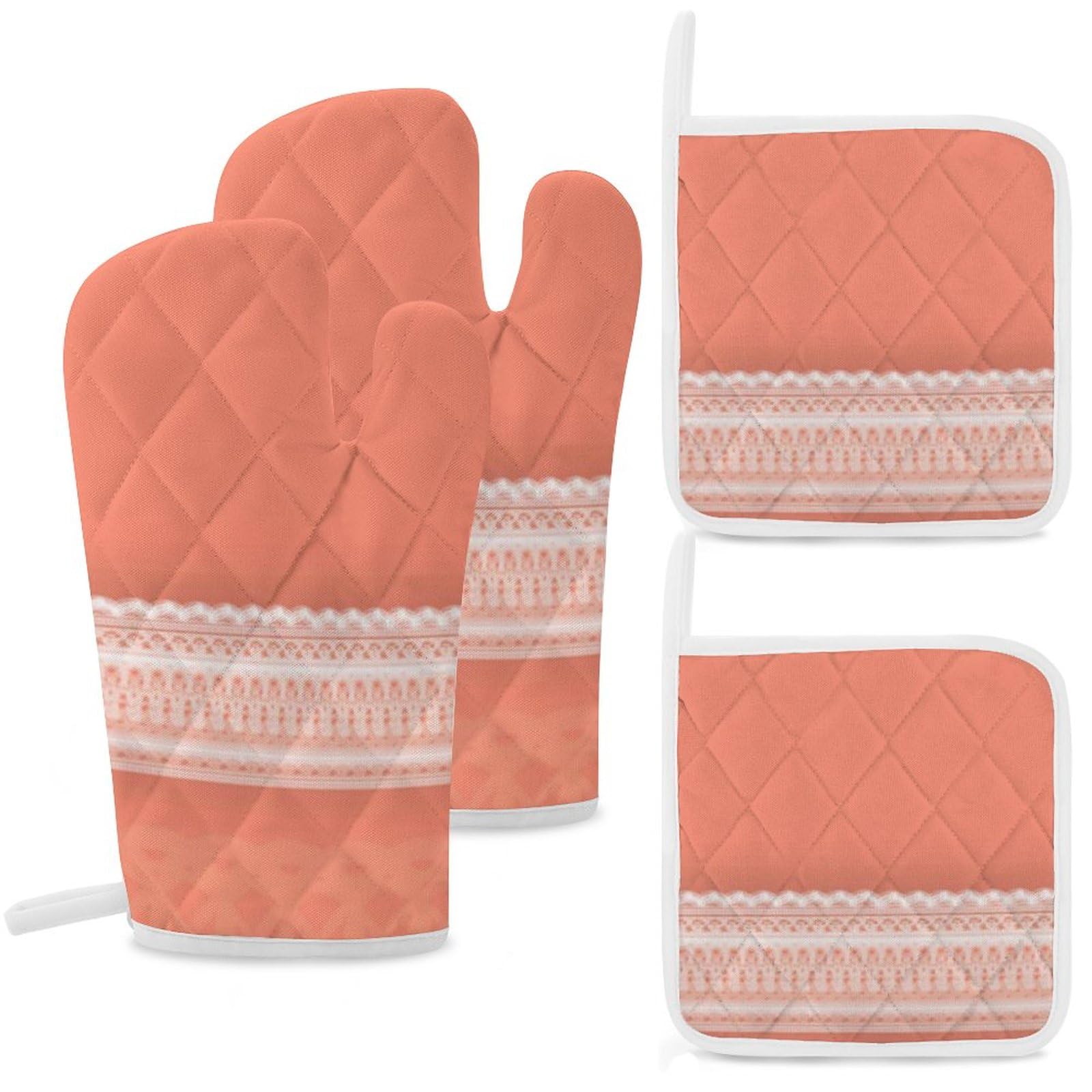 4Pcs Oven Mitts and Pot Holders, Vibrant Coral Heat Resistant Oven Mitts Gloves Set Kitchen Hot Pads for Cooking Grill
