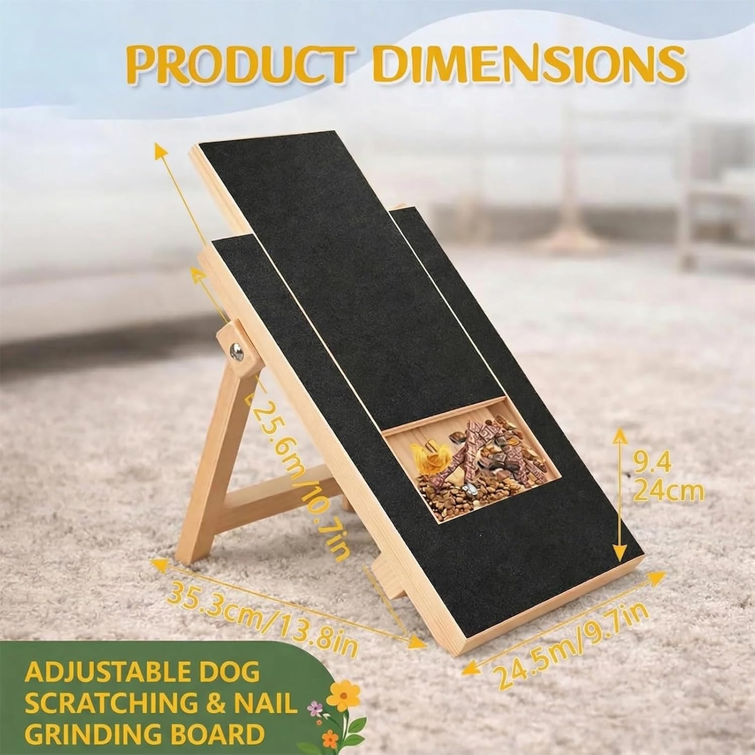 Dog Nail Scratch Board, Three-Angle Adjustable Folding Dog Scratch Board with Treat Box and 2 Replacement Sandpaper, Durable Wooden Dog Nail File Board 13.7x9.8in for All Breeds Nail Care