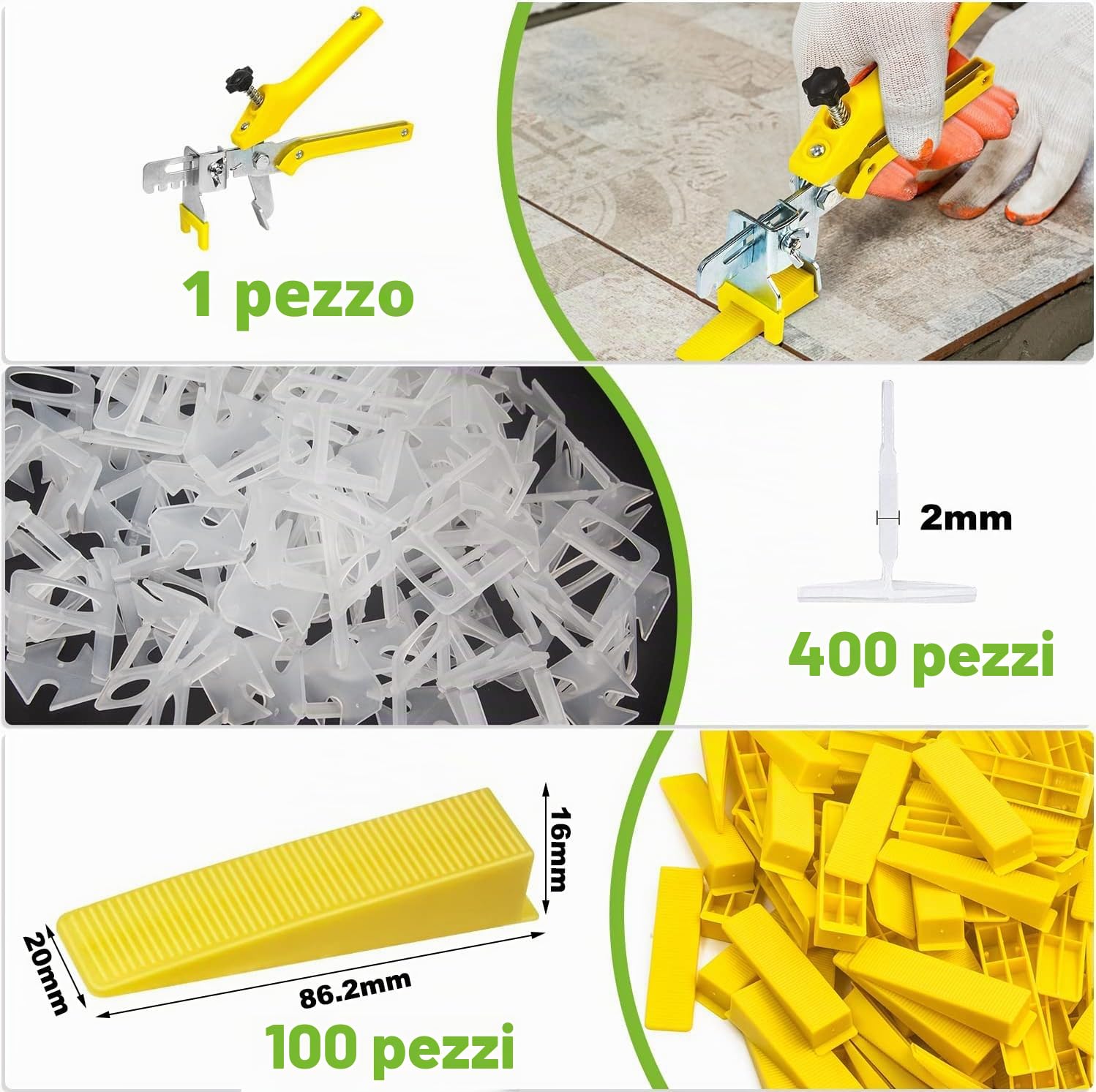 Nuyoah 501pz Sistema di Livellamento per Piastrelle 2mm | Includi 400 Distanziatori 100 Cunei Riutilizzabili 1 Pinza Utensili Livellamento per Piastrelle Altezza 3–12 mm