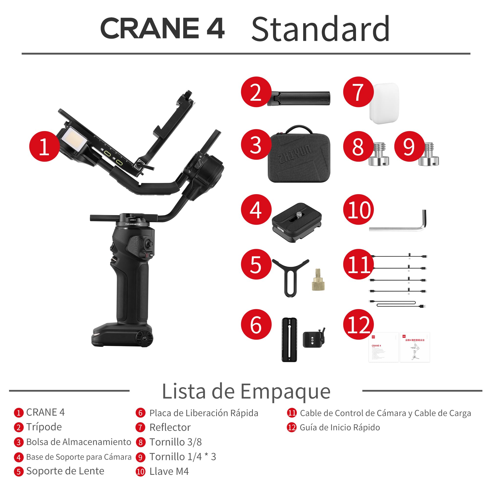 ZHIYUN Crane 4 [Official] Estabilizador Gimbal para cámara DSLR y sin Espejo estabilizador de 3 Ejes con trípode/Bolsillo/lámpara de vídeo para Nikon/Canon/Sony/Panasonic/Fujifilm | Para Nikon, Sony, Panasonic, Canon, Fujifilm BMPCC 6K, Fill Light, PD de