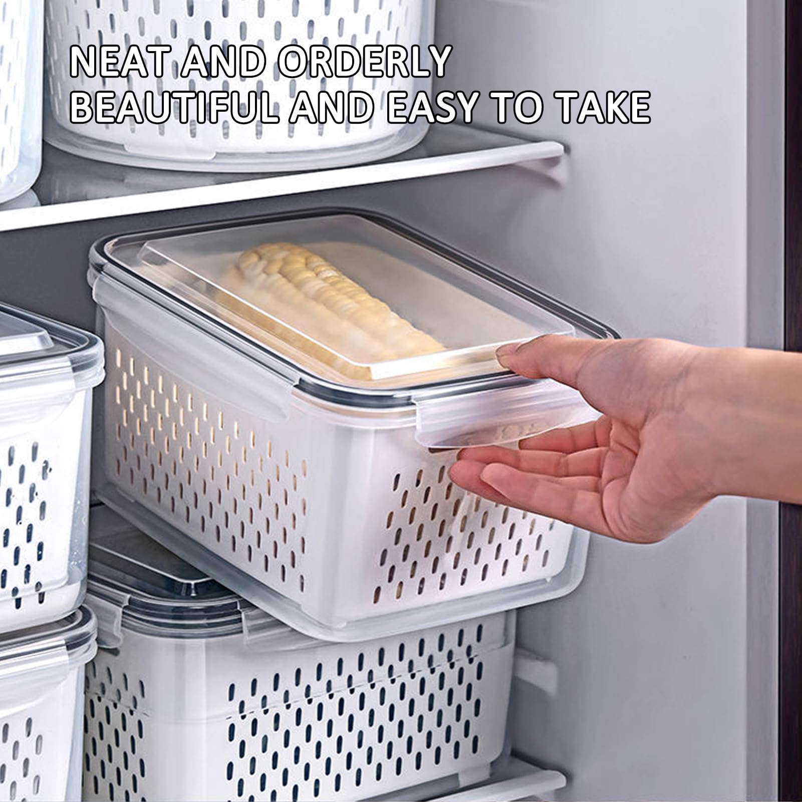 4-in-1-Frischhaltedose mit Deckel und Ablaufkorb, transparente Organizer für Speisekammer und Kühlschrank, tragbare Obst- und Gemüse-Aufbewahrungsbox