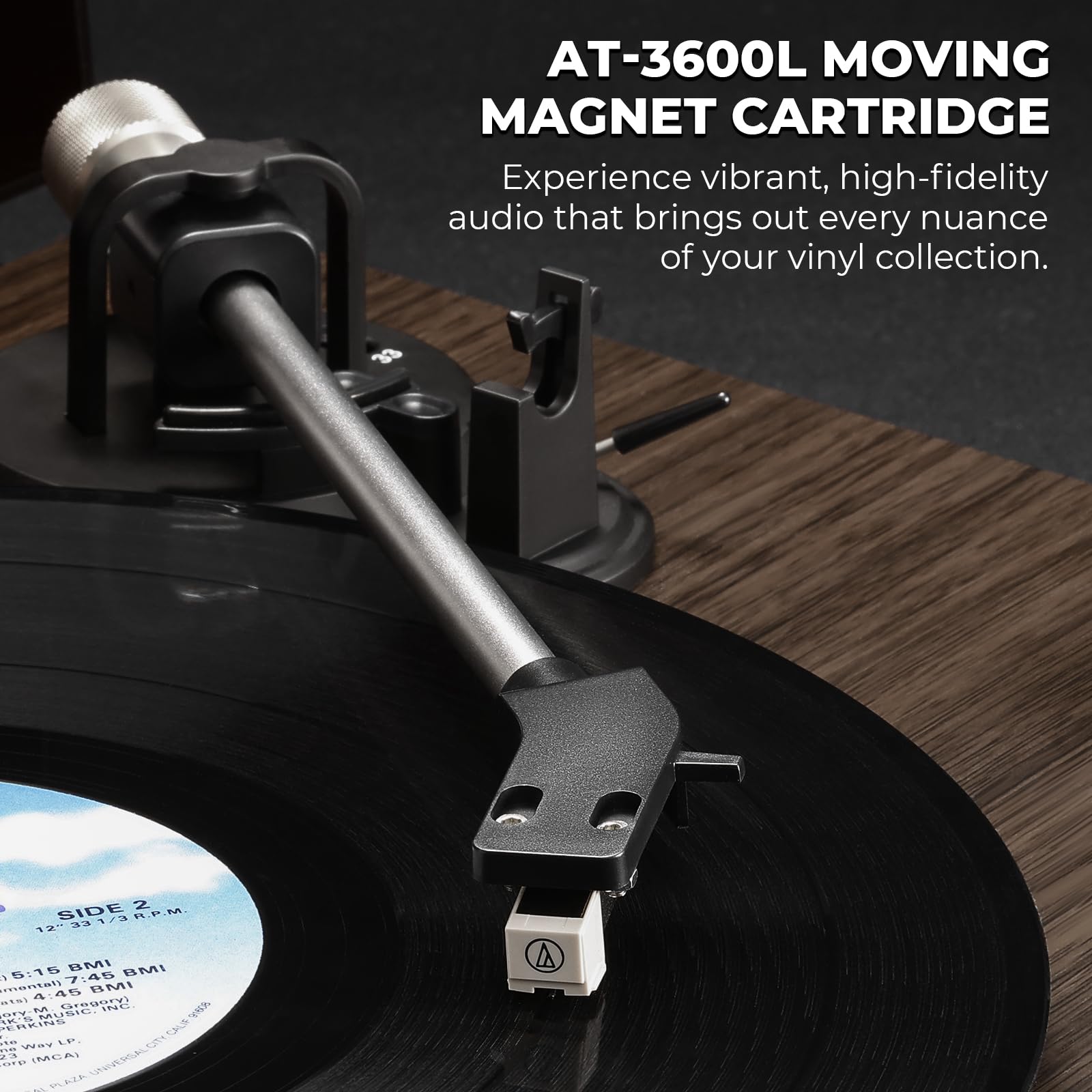 GLENCREAG Vinyl Record Player with AT-3600L Cartridge & 60W Speakers, 2-Speed Belt-Drive Turntable, Built-in Phono Preamp, BT Output Input & AUX-in, Auto Stop