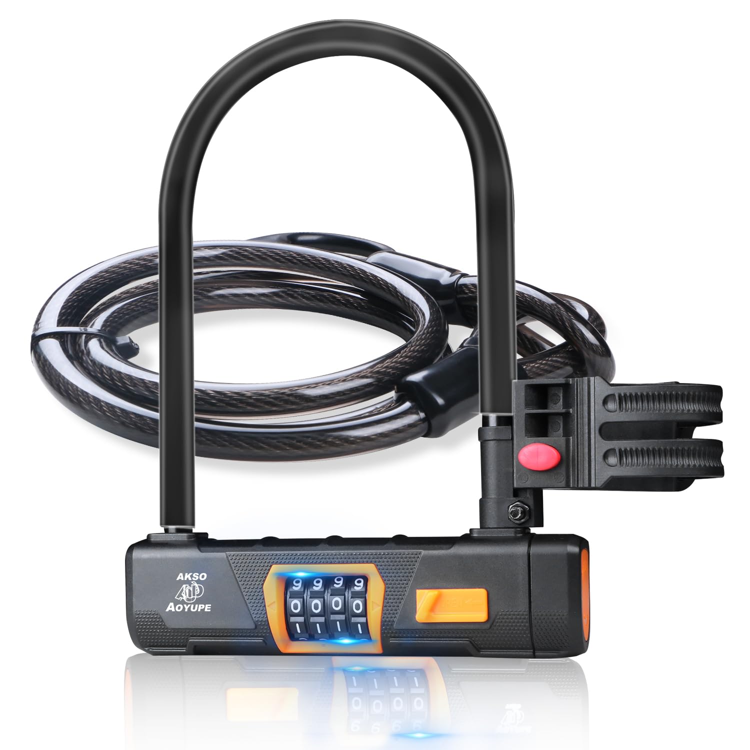 Akso Aoyupe Black Silicone 4-Digit Resettable Combination Heavy Duty Anti-Theft Locks and 12mm x1.2m Cable,Keyless Lock for Outdoor,U-Lock with Sturdy Mounting Bracket,for Mountain Bikes,?1 Set?