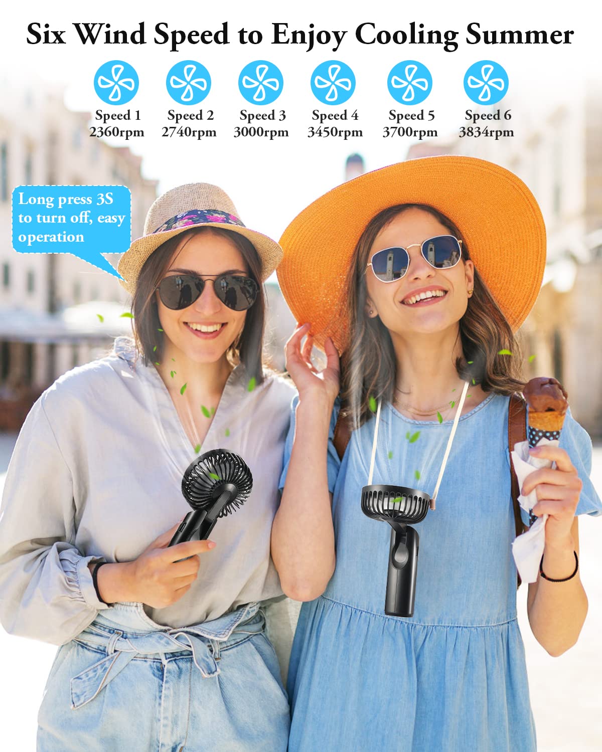 Bistfy Ventilatore Portatile 5200mAh Ultra Silenzioso 6 Velocità USB C Mini Ventilatori da Tavolo con LCD Display, 180° Pieghevole con Cordino come Ventilatore da Collo e Powerbank