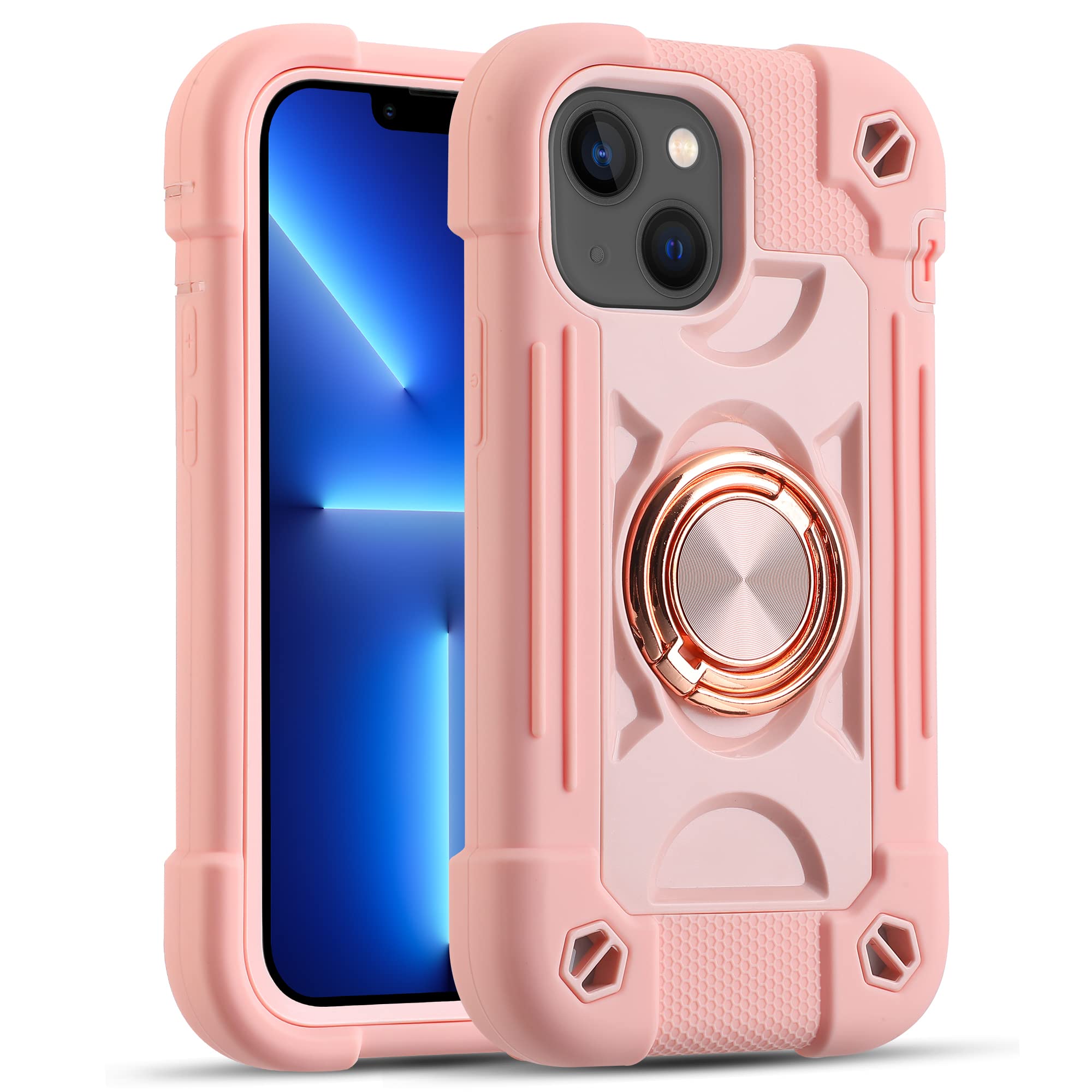 markill compatible with iphone with built-in 360°rotating ring stand, military grade drop protection full body rugged heavy duty case durable cover (pink, iphone 13 mini/12 mini 5.4")