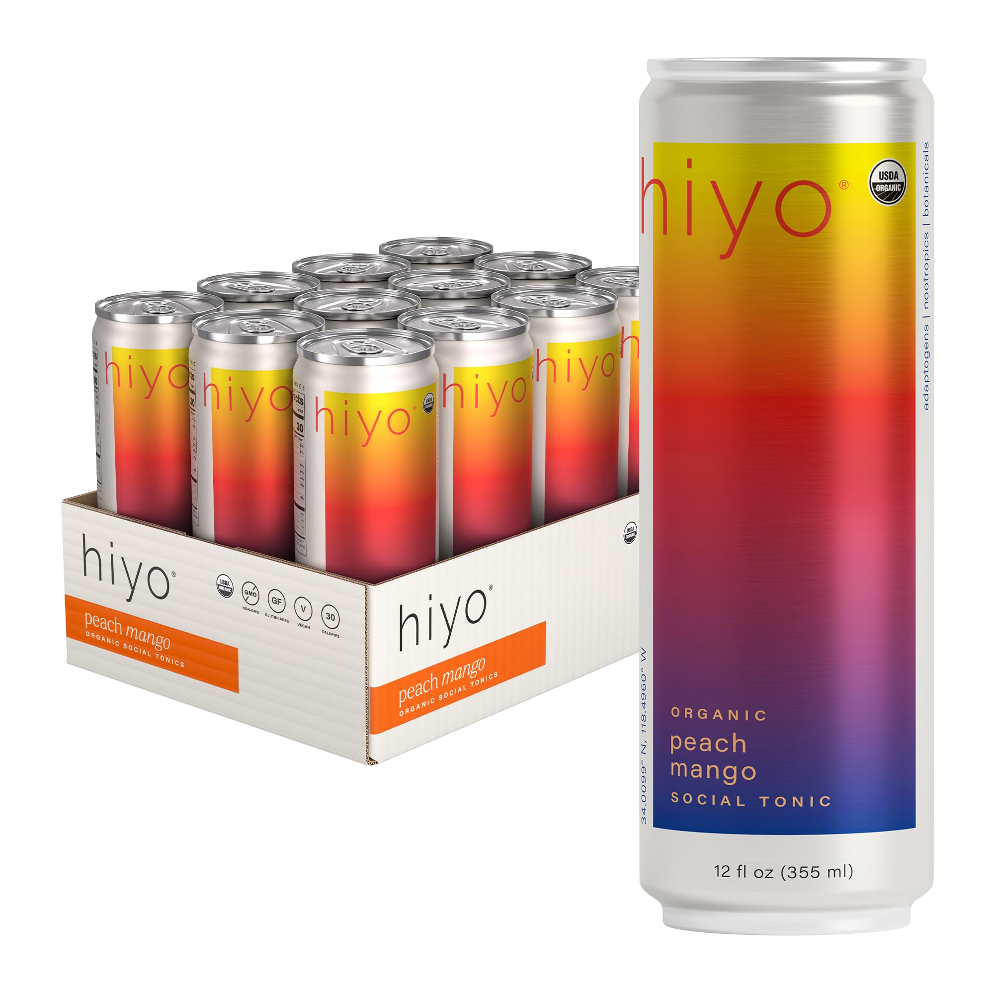 Hiyo Organic Social Tonic - Peach Mango, 12 Pack - N.A. Functional Seltzer, Sparkling Water Crafted with Organic Adaptogens, Nootropics & Botanicals