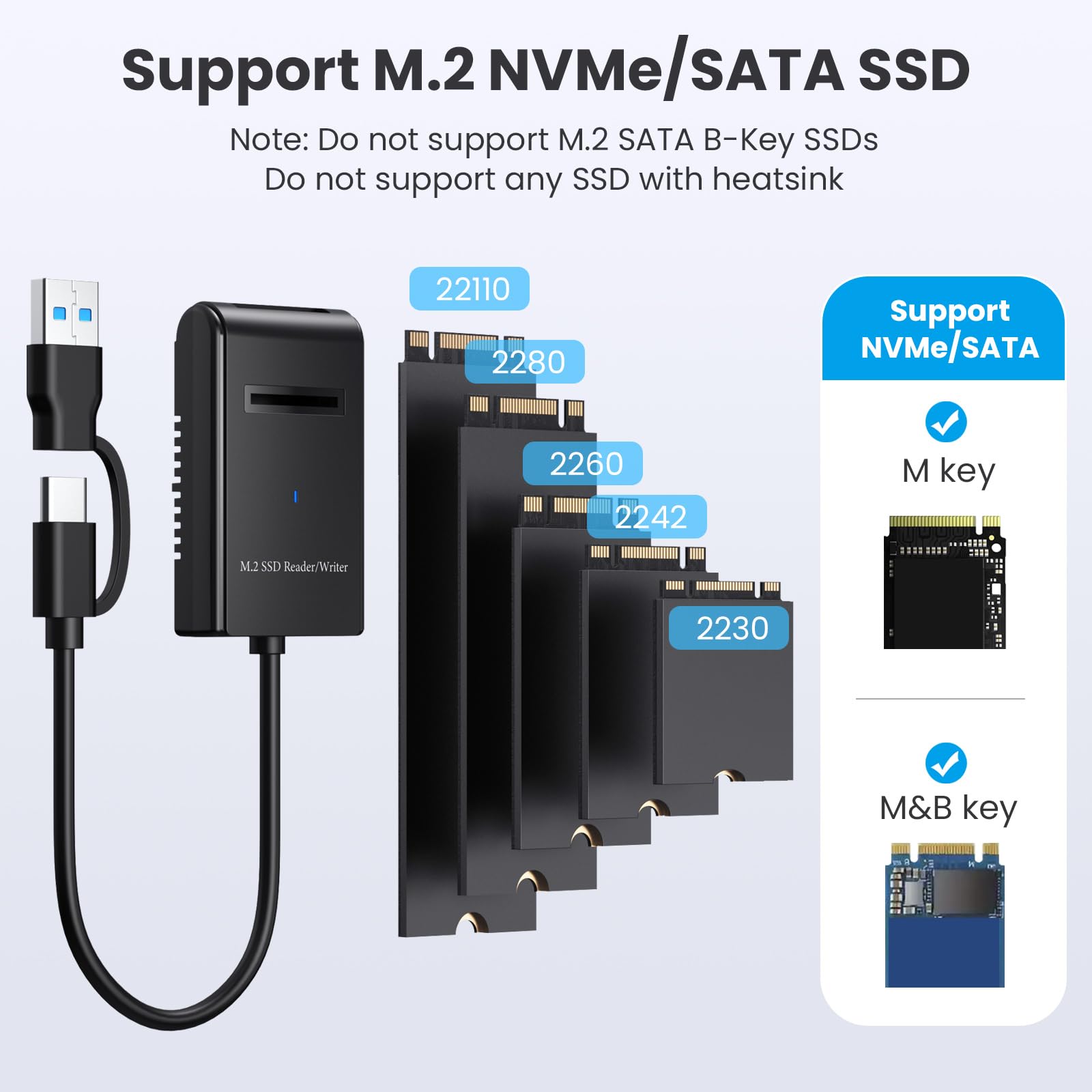 Czytnik M.2 NVMe i SATA, adapter czytnika M.2 SSD na USB A C do (klucz M, klucz B+M) NVMe i SATA NGFF SSD, stacja dokująca w pełnym rozmiarze 22110/2280/2260/2242/2230 przenośna obudowa z tworzywa
