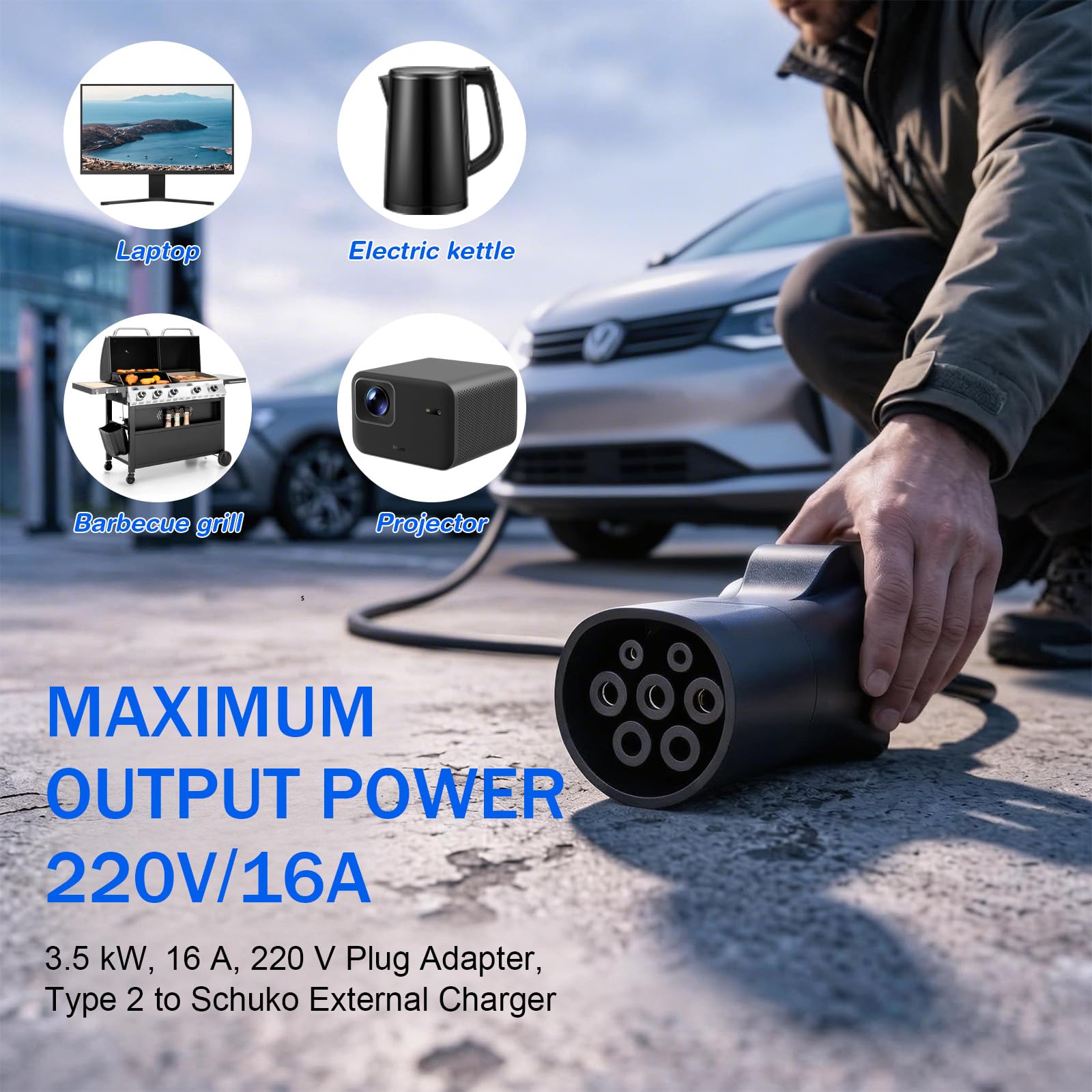 Adaptador V2L Tipo 2 a Schuko para MG EV - 3,5kW 16A 220V Descargador Enchufe Coche Eléctrico, Compatible MG4 MG5 MG ZS Marvel R, Camping