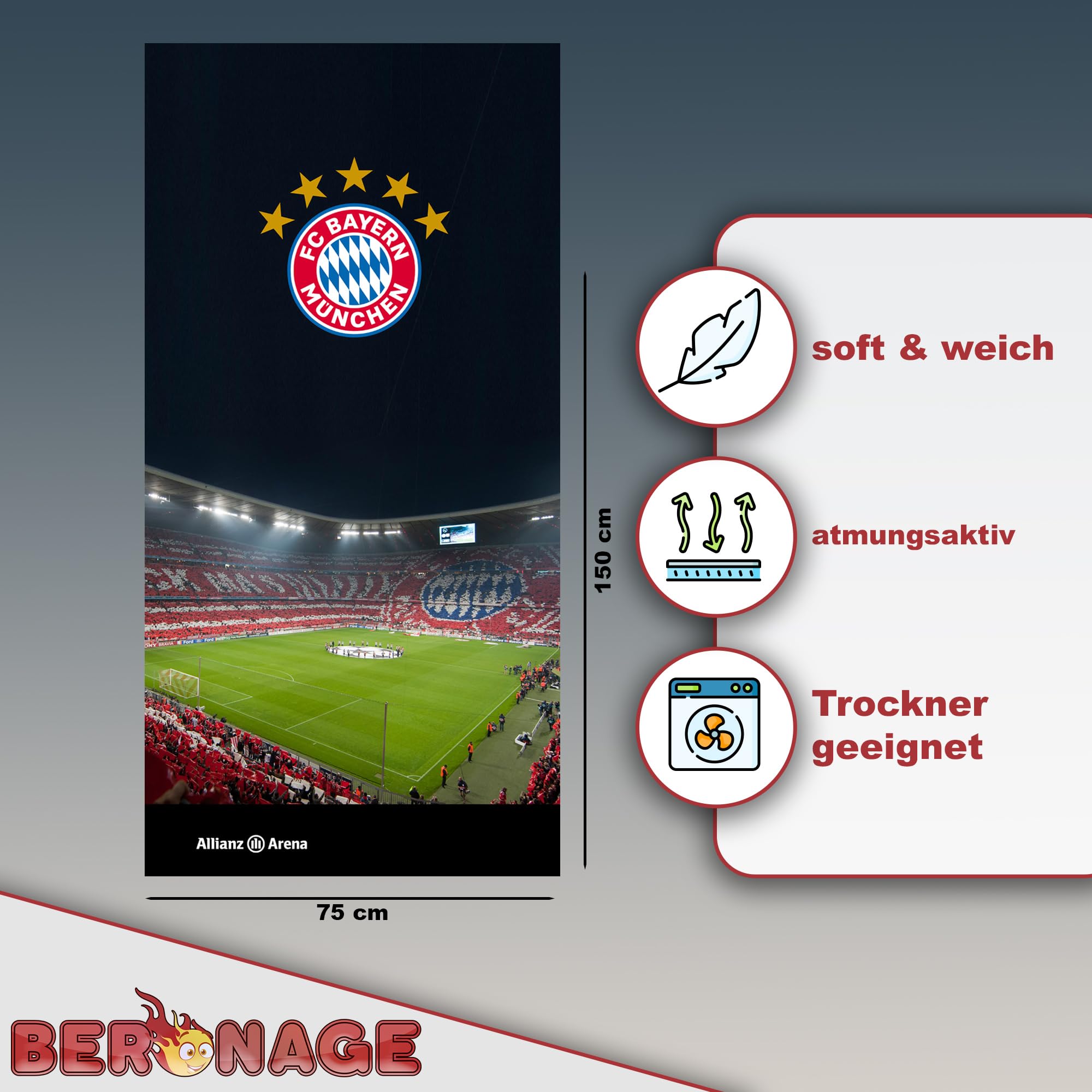FC Bayern München Telo da bagno - Allianz Arena 75 x 150 cm, 100% cotone - Mia san Mia Mia San Mia, maestro del record, Calcio - Telo mare per veri appassionati di FCB, articolo ideale per la piscina