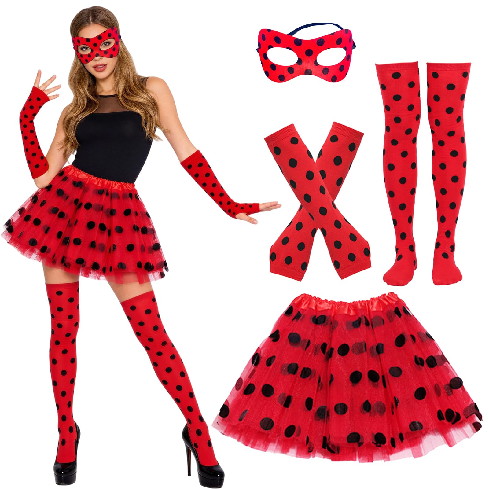 YAEGIMHT Ladybird Costume Accessories for Girls Adult, Ladybird Tutu Outfit Set with 40cm Polka Dot Dress Mask Leg Warmers Fingerless Gloves, Animal Party Bug Fancy Dress