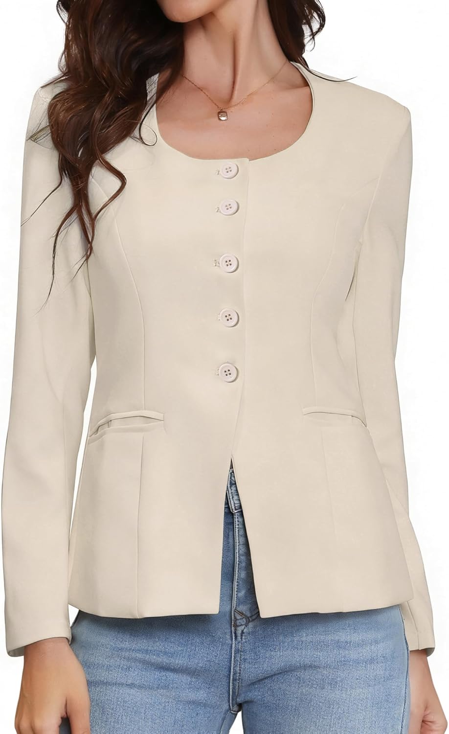 Allegra K Collarless Blazers for Women Button Down Scoop Neck Split Hem Business Casual Work Fitted Blazer Suit Jackets