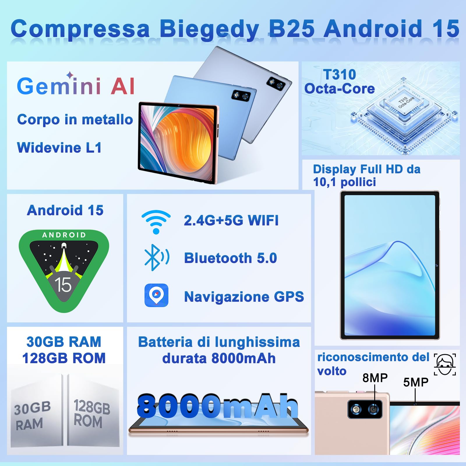 2026 Tablet 10 pollici Android 15 Gemini AI, 30 GB RAM + 128 GB ROM (TF 2TB) | 8000 mAh | octa-core | Widevine L1 | 5 + 8 MP | 1280 * 800 pixel | GMS, GPS, Wi-Fi 6 5G, BT 5.0, Tablet 2-in-1-Oro