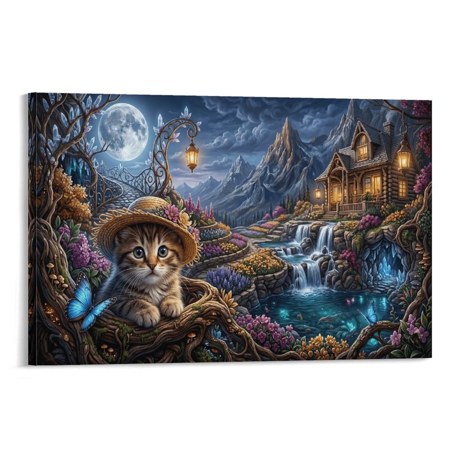 XPASHIQWC Hat‑Wearing Kitten Poster Artwork Moonlit Forest Giclee Canvas Prints Modern Wall Art Picture Wall Hanging for Bathroom Wall Decor 20x30inch(50x75cm)