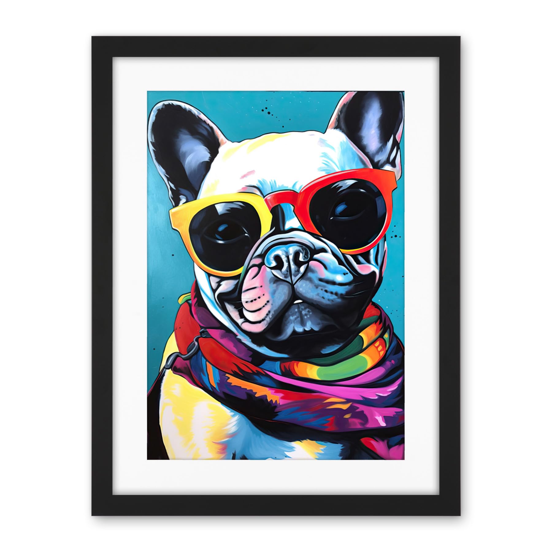 Artery8 French Bulldog in Sunglasses and Bandana Folk Art Artwork Framed Wall Art Print 18X24 Inch