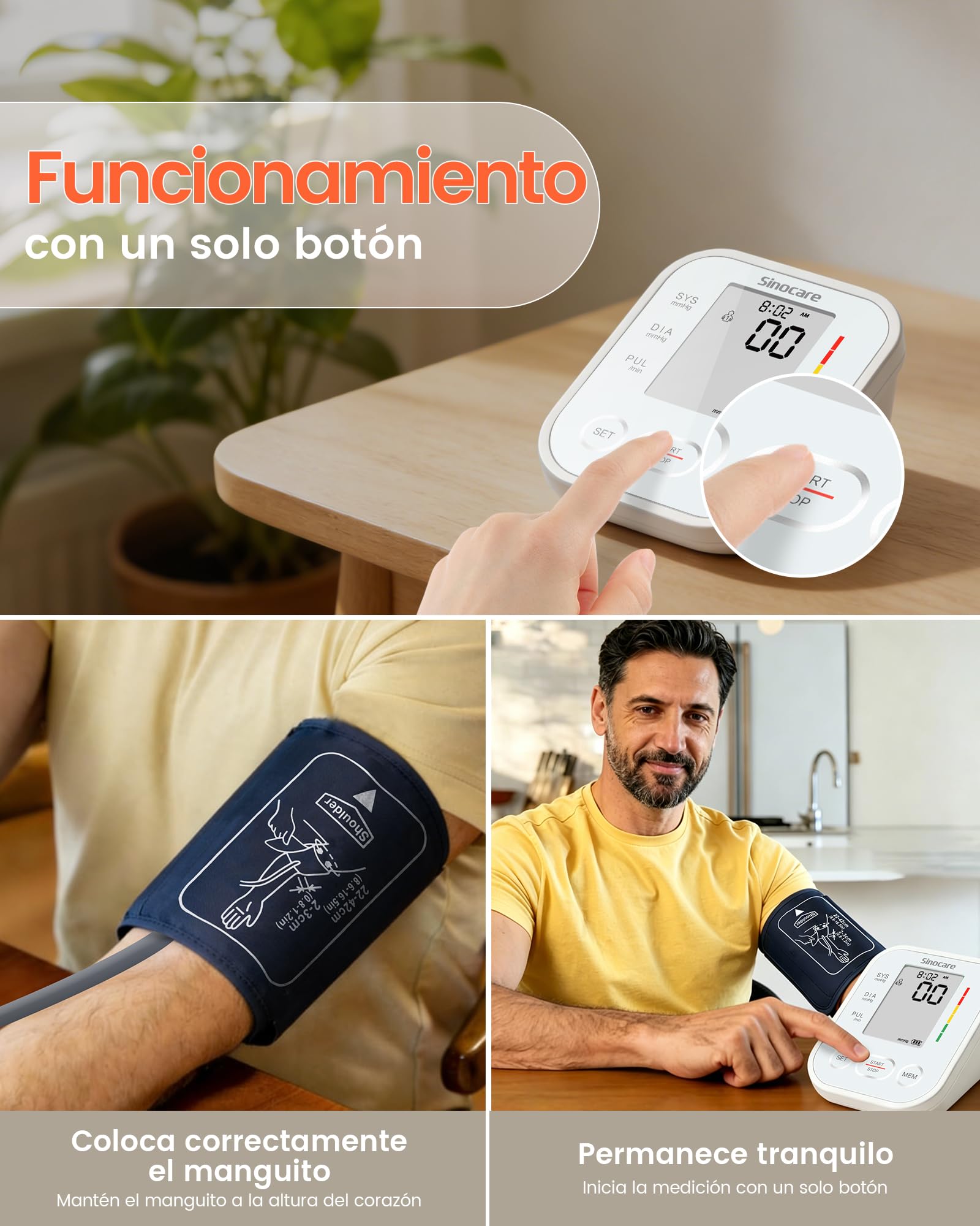 Sinocare Tensiómetro Brazo Auto 22-42cm Arritmia 4 Colores 2x99 Blanco | Tensiómetro Digital Automático de Brazo, Monitor Presión Arterial con Detección Arritmia Irregular