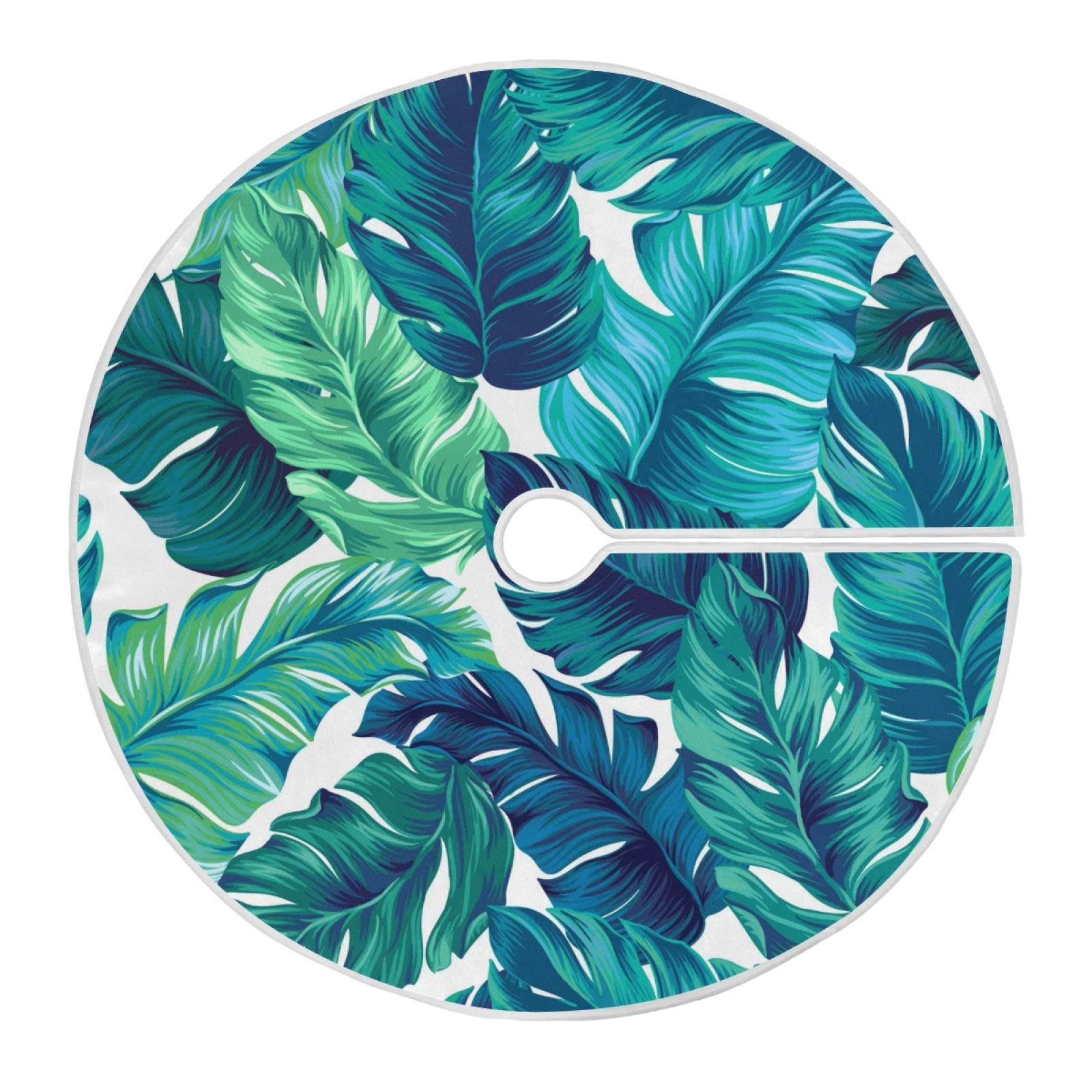 Dussdil Turquoise Green Tropical Leaves Christmas Tree Skirt Summer Palm Leaf 35.4 Inches Xmas Tree Skirts Floor Door Mat Decorations for Holiday Party Indoor Outdoor Home Office Ornaments