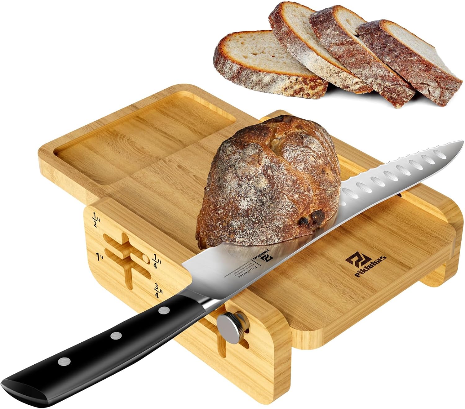 Bread Slicer with Bread Knife, World's 1st Horizontal Wooden Loaf Cutter with Crumb Tray, Adjustable Thickness, Paired with a Resharpenable German HC Stainless Steel 10 Inch Serrated Knife
