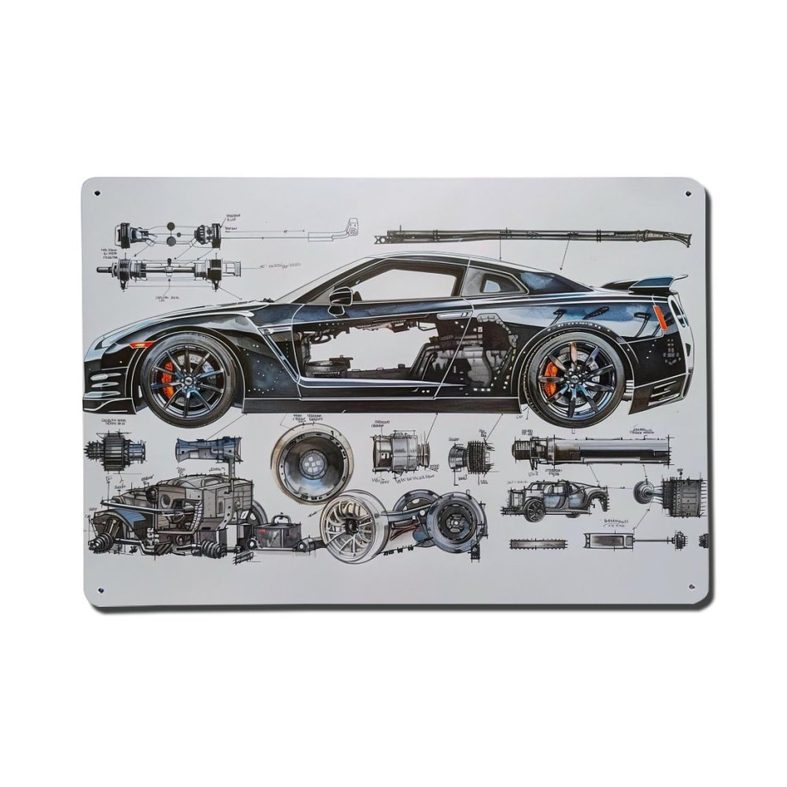 JDM Sport Car R35 Structural Disassembly Metal Tin Sign Plaque Wall Decor for Cafe, Club, Garden Metal Poster 8x12Inch
