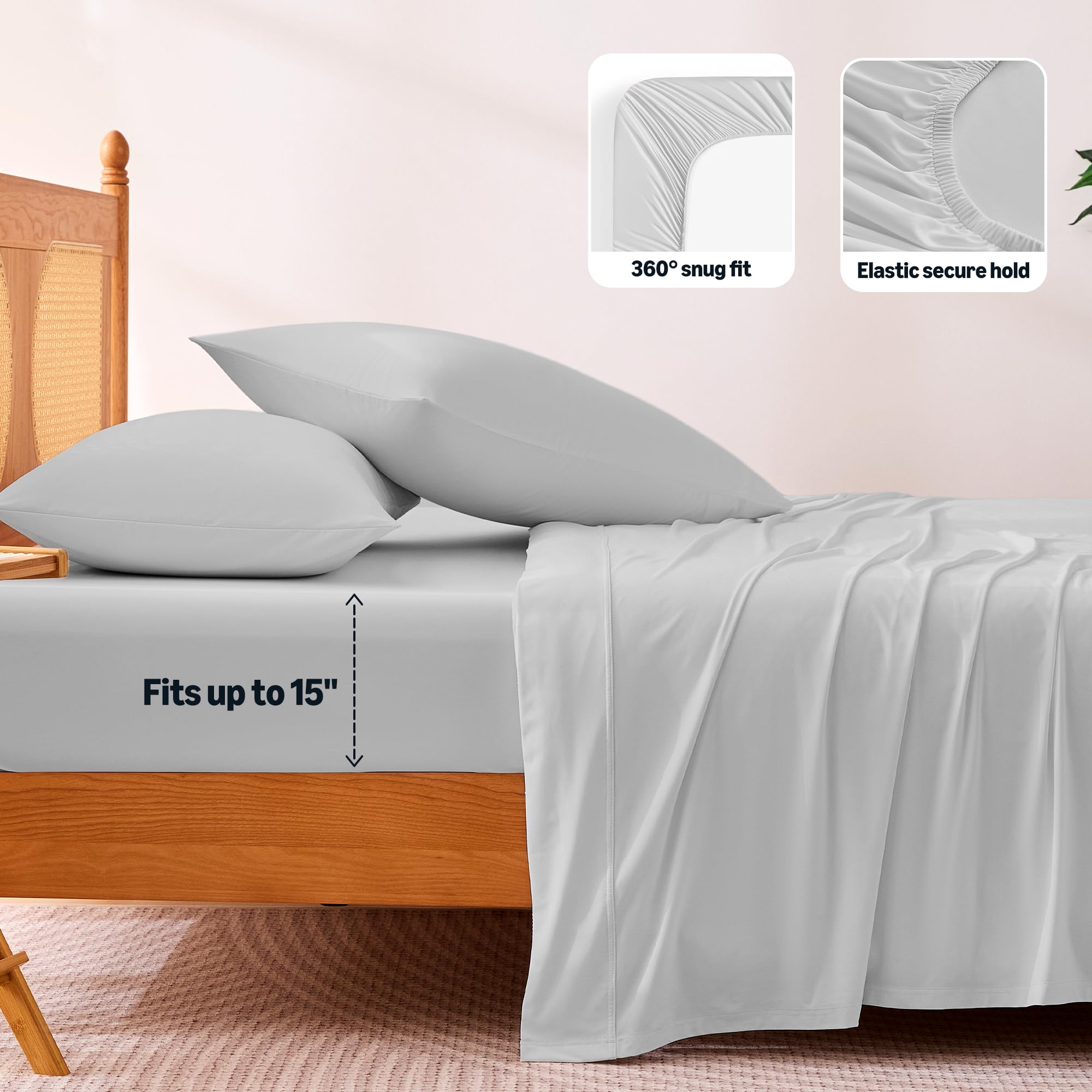 Amazon Basics Cooling Sheets, 4 Piece 100% Recycled Polyester Bed Sheet Set for Hot Sleepers, Breathable, 15-Inch Deep Pocket, Queen, Gray - 5