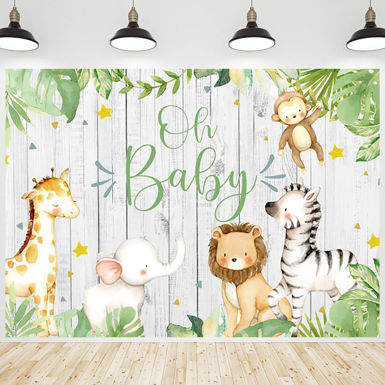 CRTPOD Baby Shower Jungle Safari Backdrop Oh Baby Cartoon Green Leaves Wooden Background Newborn Photography Banner for Baby Birthday Party Decorations Photo Studio Photobooth Props 7x5ft