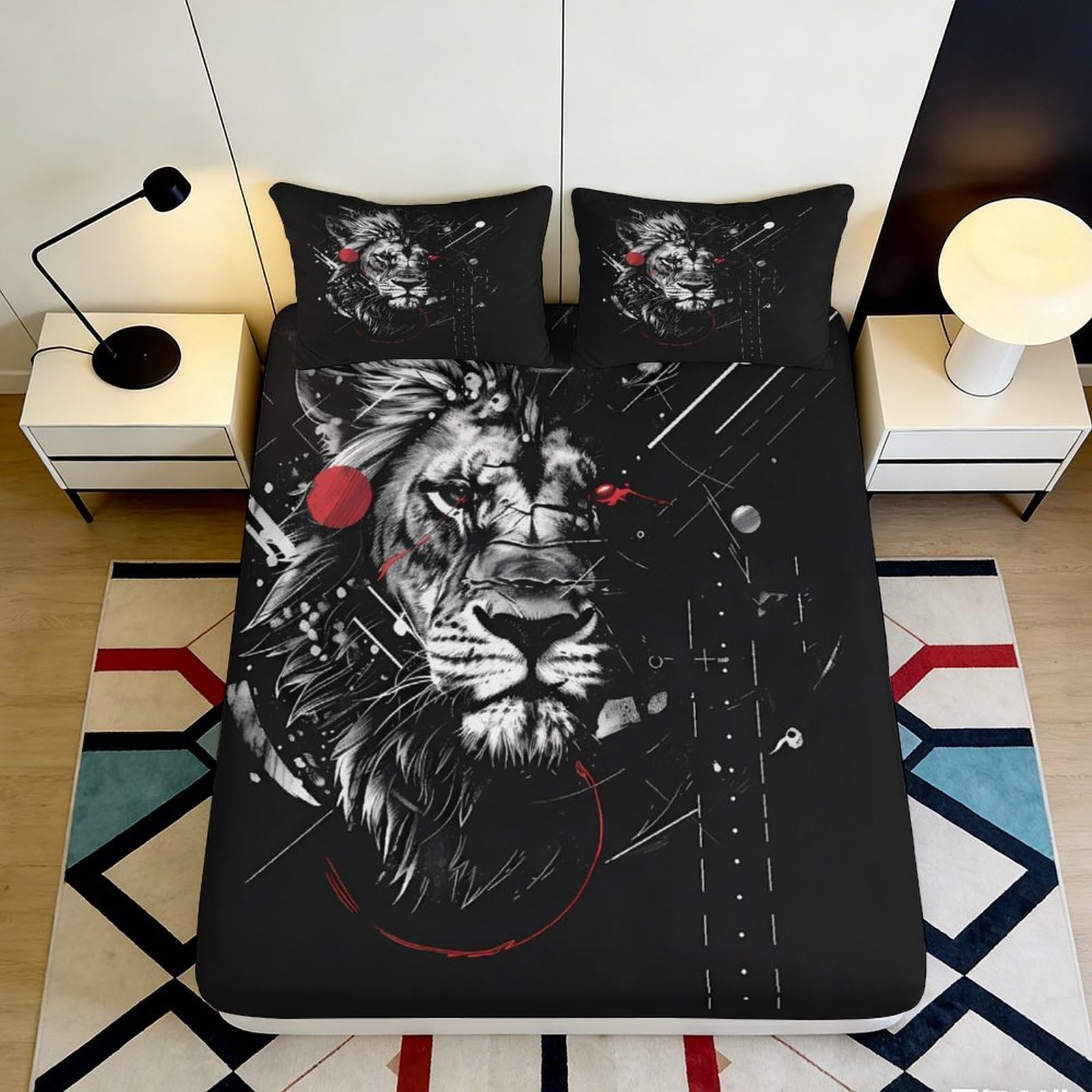 3D Printed Lion Head Fitted Sheet Microfiber Soft Black Artistic Wild Animal Bed Cover for Bedroom Dorm Decor 90x200x25cm