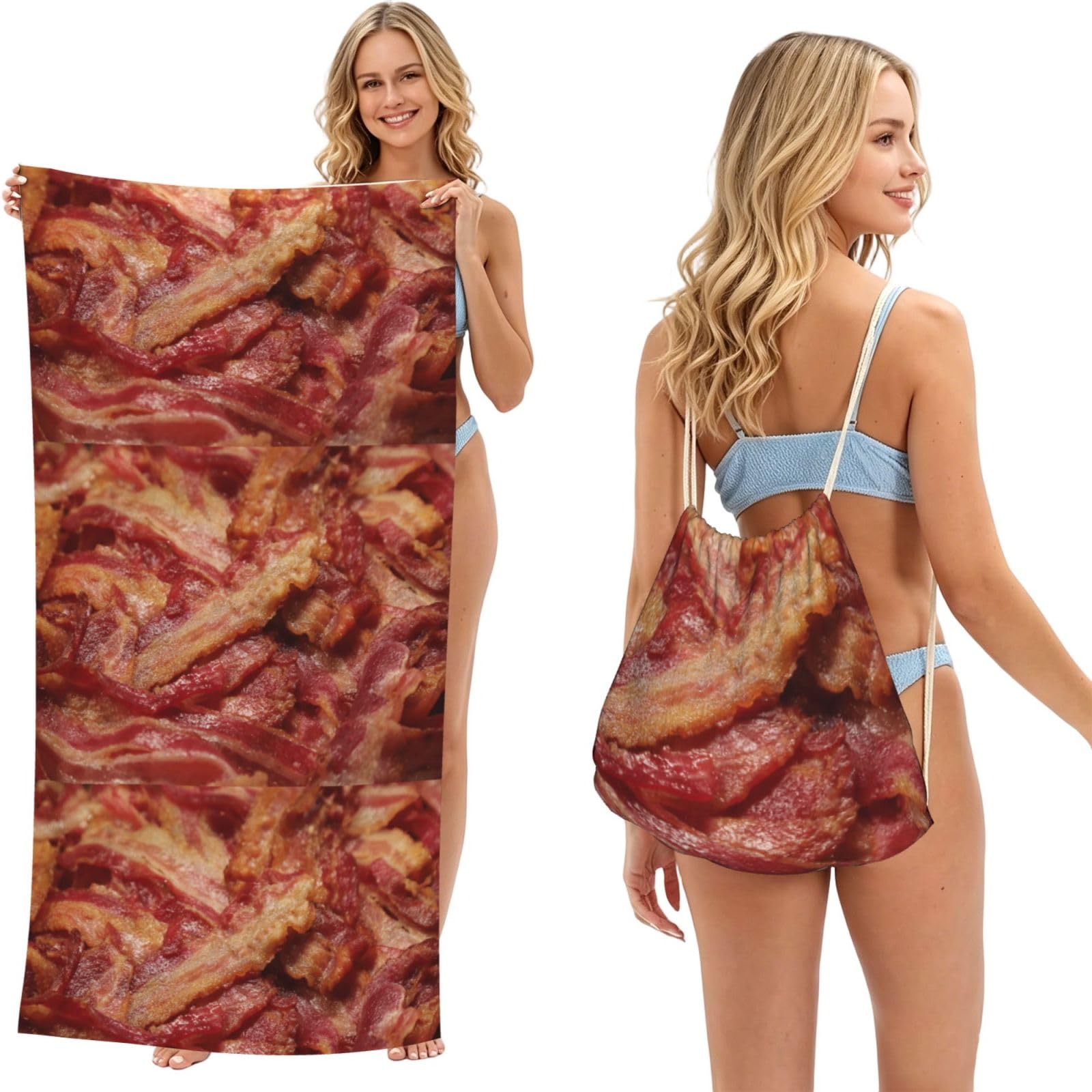 Poadnly As Picture Delicious Bacon Background, 2 In 1 Packable Towel Bag, Beach Towels With Drawstring Backpack For Travel Holiday Camping