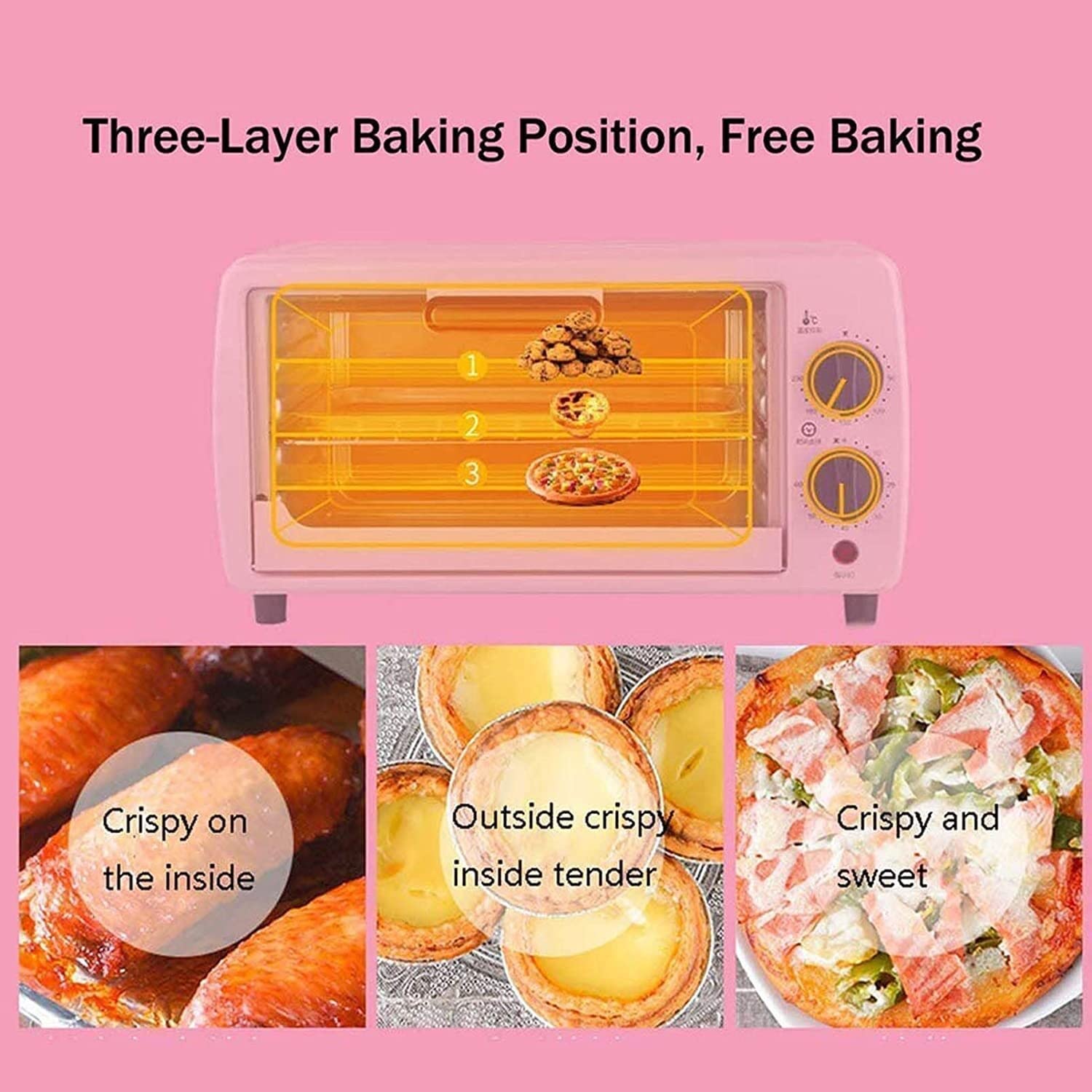 Małe skrzynki， 9L Duża pojemność Inteligentna kontrola czasu i temperatury Kompaktowy mini piekarnik elektryczny 750 W Zawiera blachę do pieczenia ruszt grillowania(Pink)