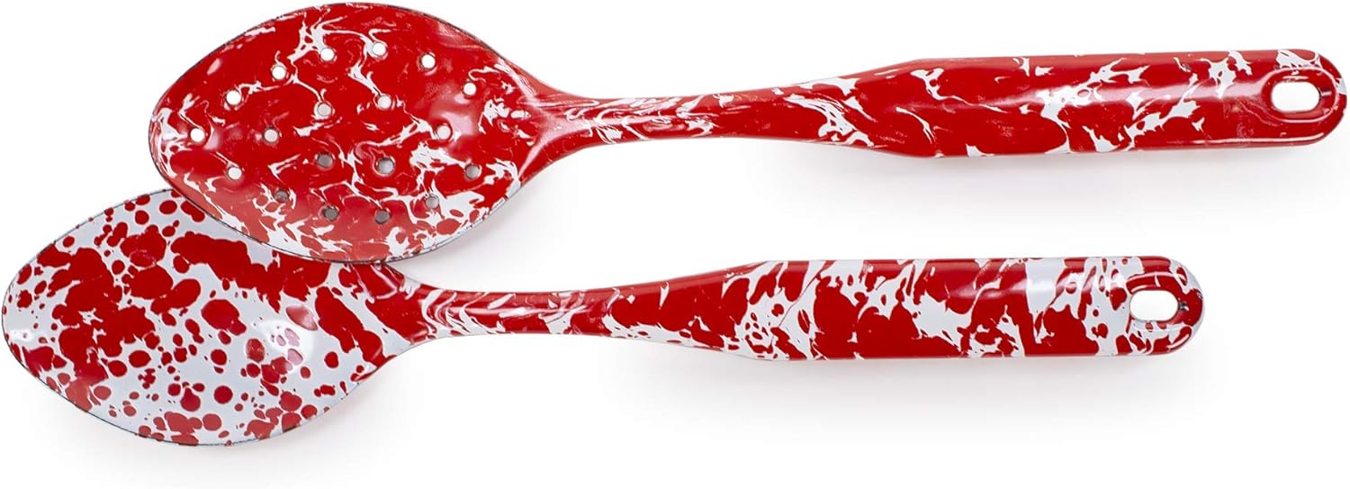 Golden Rabbit Enamelware - Juego de cucharas de 2 piezas (Remolino Rojo)