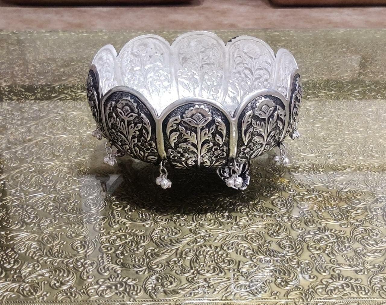 Pure German Silver Hand Engraved Decorative Urli Bowl/Fruit Bowl for Home, Office and Table Decor - (Size-7" x 4" Diameter), Silver Color-image-29