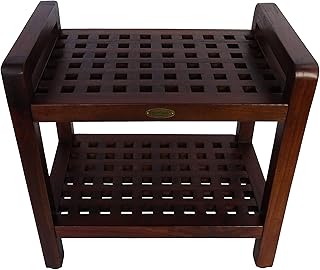 DecoTeak Espalier 18 inch Teak Lattice Shower Bench with Shelf with LiftAide Arms- for Shower, Bath, Sauna, Living, or Outdoors