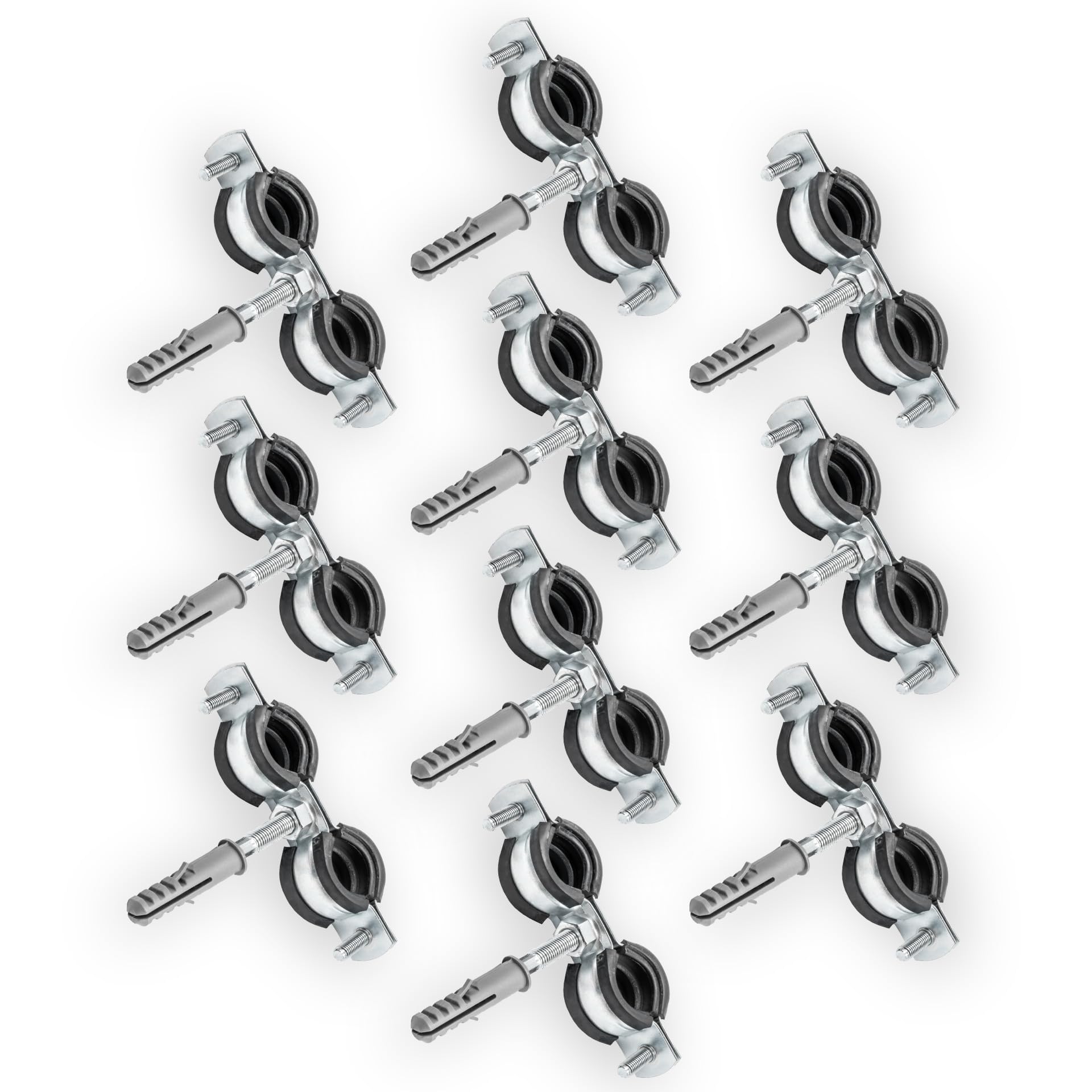 Set 10x Collari Doppi per Tubi + 10x Tasselli + 10x Viti a Legno – Kit di Fissaggio Tubo Facile | Per Installazioni Idrauliche e Riscaldamento – 3/4" 25-31mm