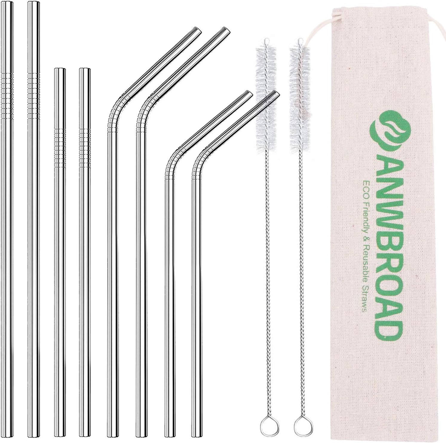 ANWBROAD Metal Straws Stainless Steel Straws Drinking Straws Reusable Straws Thickened 8 Set 10.5" + 8.5" Silver for 20/30 Oz Yeti RTIC SIC Trail Tumblers Cocktail 4 Straight|4 Bent|2 Brush