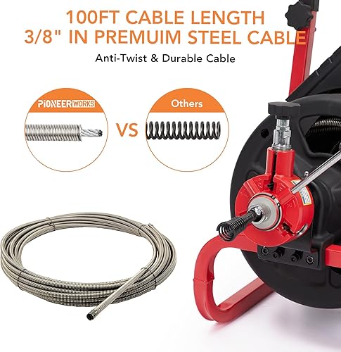 Miniatura 9 de PIONEERWORKS Máquina limpiadora de drenaje de 75 pies x 12 pulgadas, taladro de drenaje eléctrico profesional de alimentación automática para tubos