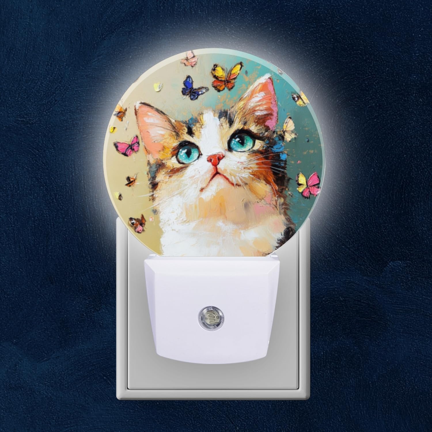 Round LED Night Lights Lamp with Dusk to Dawn Sensor Oil Painting of Calico Cat with Butterflies Night