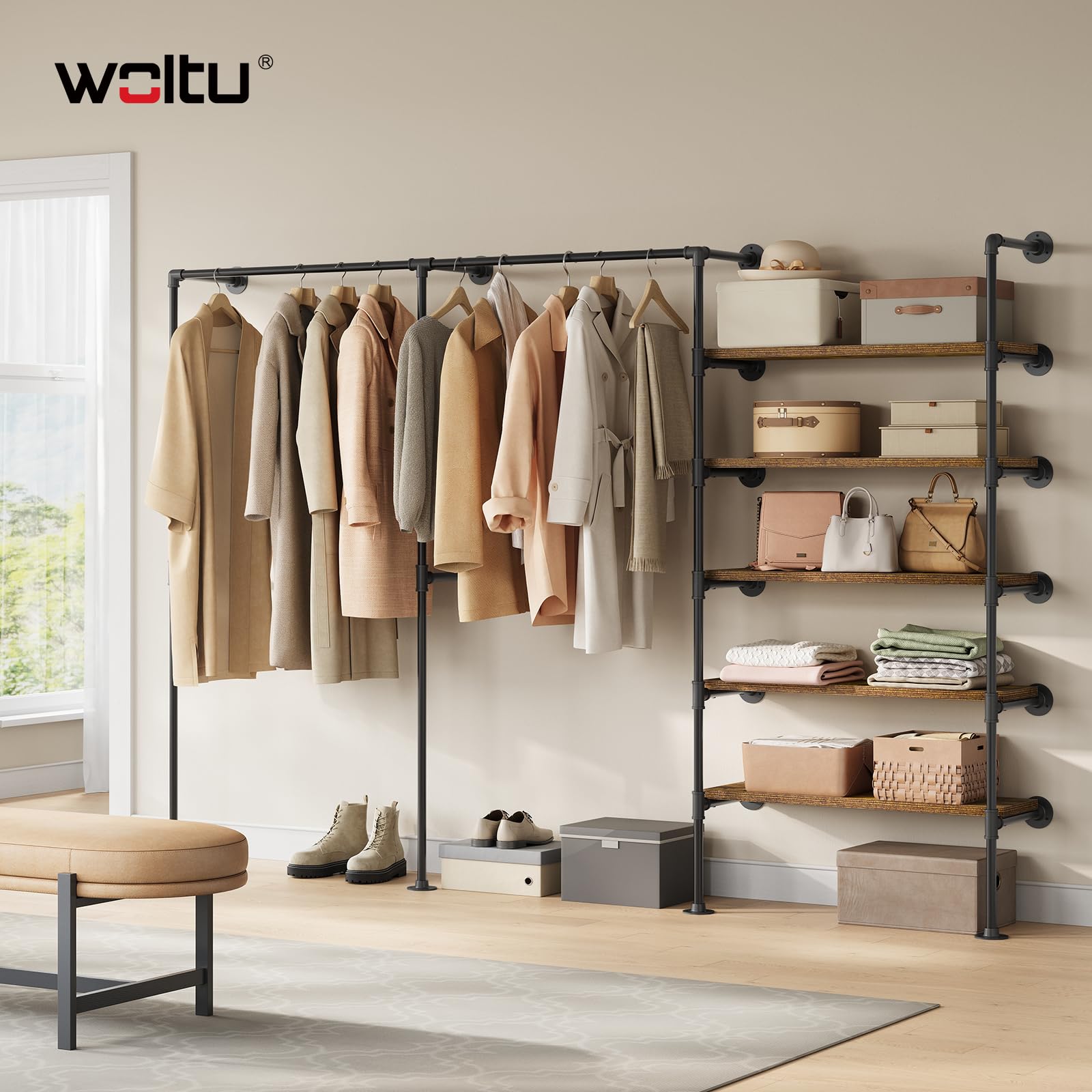 WOLTU Appendiabiti da Parete, Attaccapanni da Muro Metallico con Design Aperto, Appendiabiti con 5 Ripiani in Legno, 2 Aste, Stile Vintage, Nero + Marrone Rustico