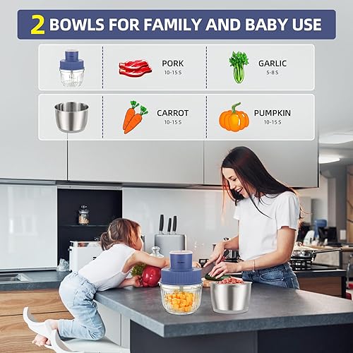 Miniatura 2 de Procesadores de alimentos con 2 cuencos, picadora de carne de 400 W, picadora de alimentos eléctrica, 2 velocidades, 8 tazas de vidrio y 8 tazas de