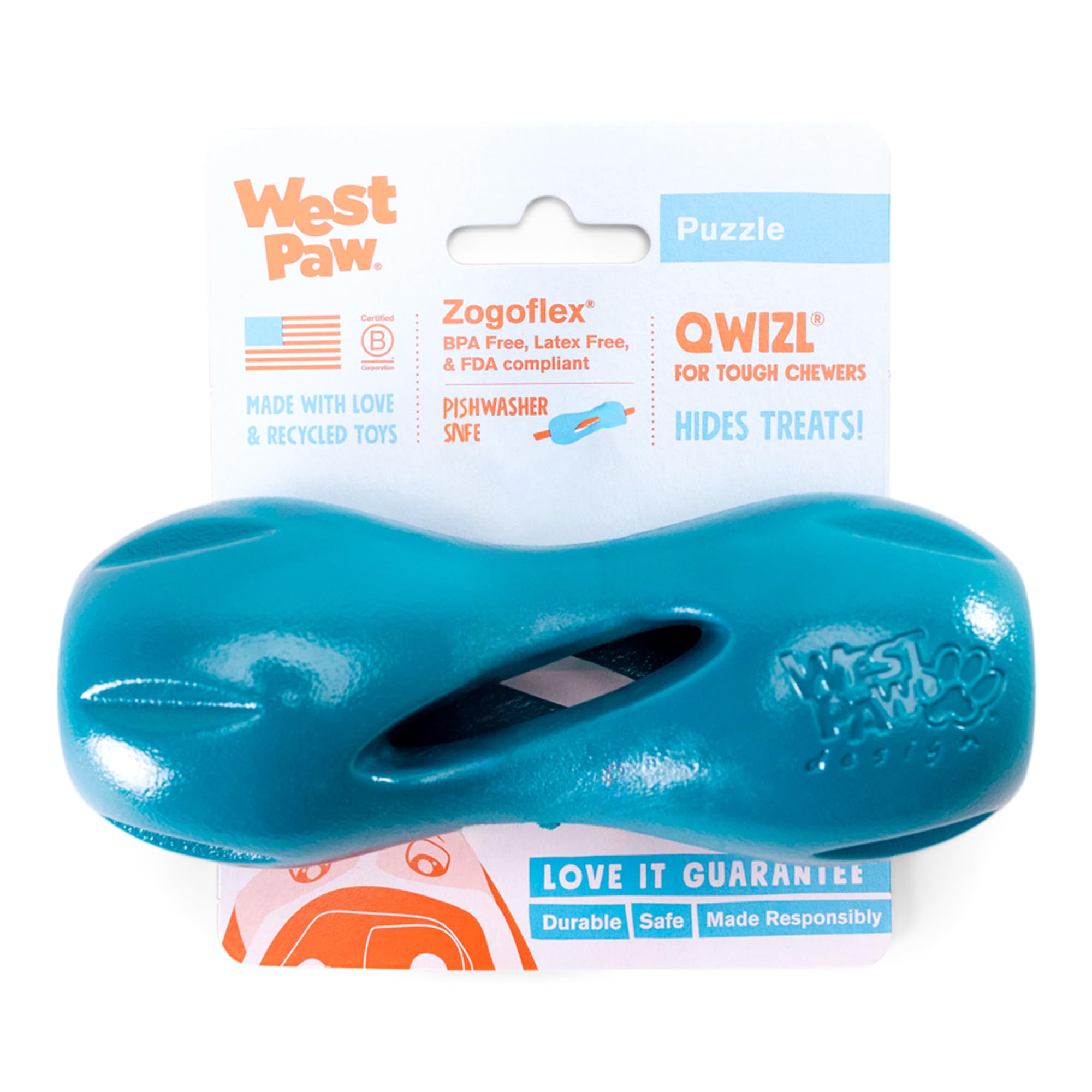 West Paw Qwizl Treat Dispensing Dog Toy for Tough Chewers- Durable Long Lasting Chew and Fetch Toy Keeps Dogs Engaged- Dishwasher Safe Safe Materials