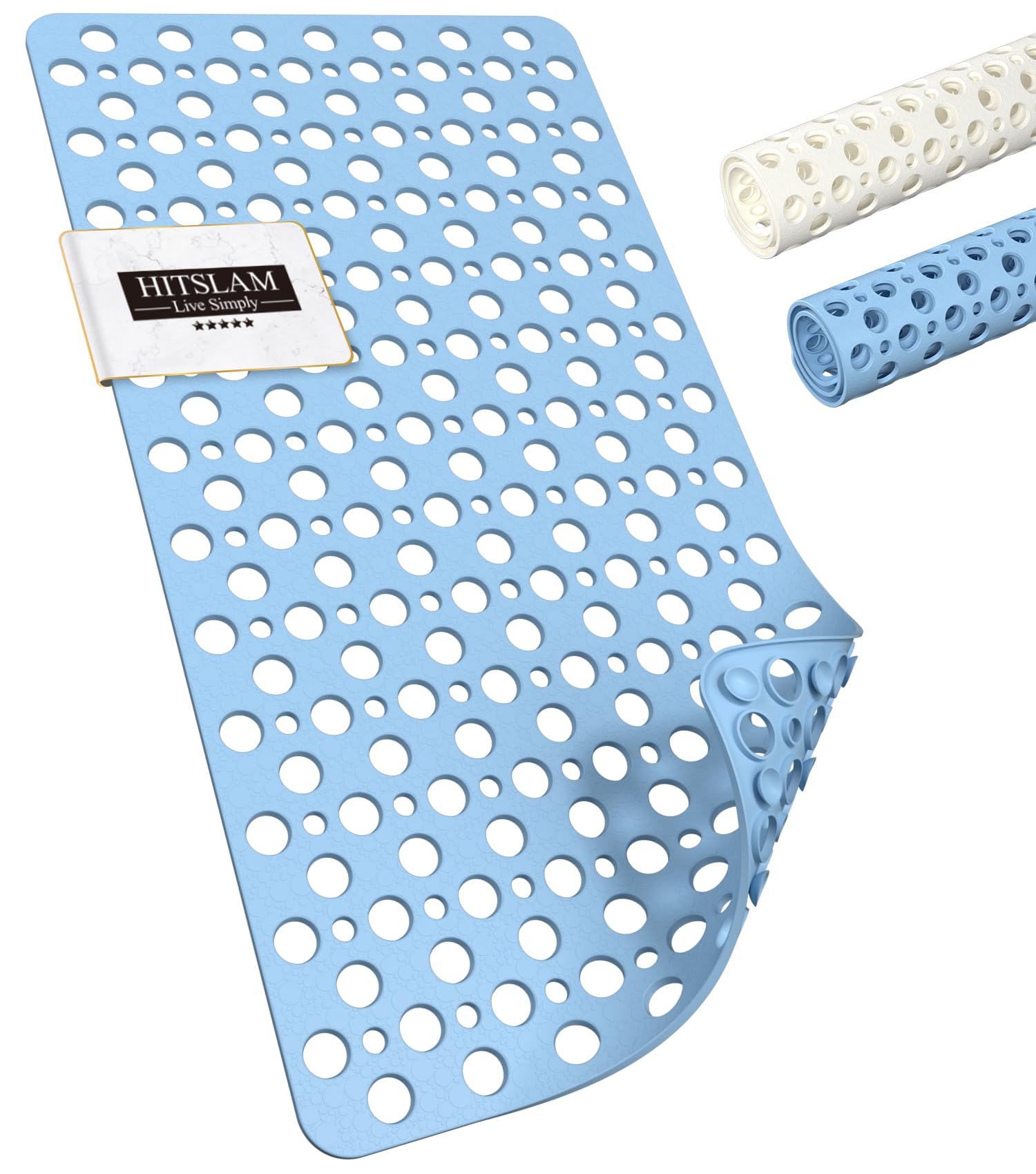 HITSLAM Bath Mat Non Slip Anti Mould, 70 x 38cm TPE Shower Mat for Bathtub & Shower, Machine Washable with Large Drain Holes and Strong Suction Cups, Fast Draining, Blue