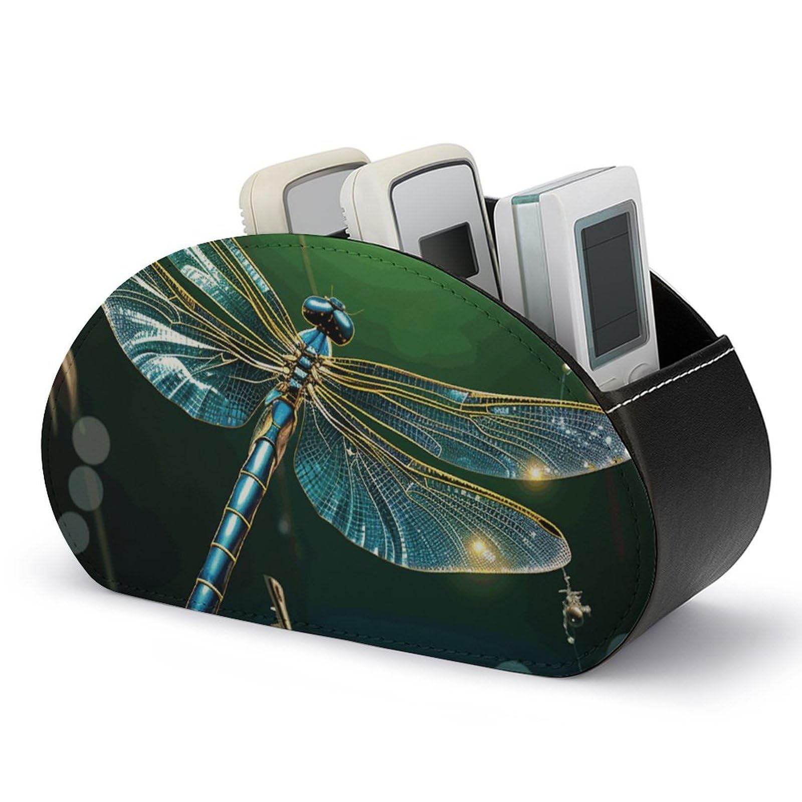 VstaDank Dragonfly Green Remote Control Holder with 5 Compartments PU Leather Remote Caddy Desktop Organizer Store TV Remote Control Storage Box for Home Office Desk Nightstand