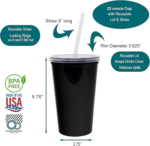 Miniatura 2 de Rolling Sands Vasos de plástico reutilizables de 22 onzas con tapas, paquete de 10 vasos negros fabricados en Estados Unidos incluye 10 popotes