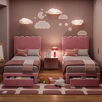 GarveeHome 2 Sets Twin Bed Frame with Under-Bed Drawer, Upholstered Platform Bed with Wave Headboard for Kids/Girls, Wooden Slats Support, No Box Spring Needed, Velvet Pink