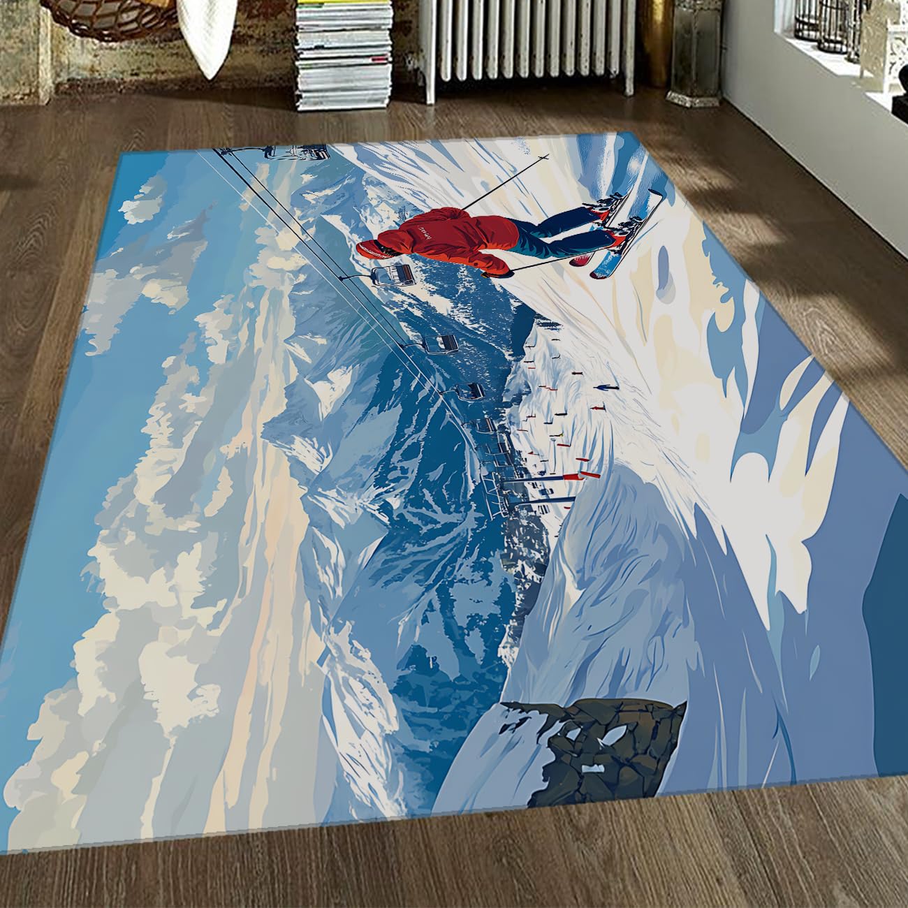 Tapis flanelle douce lavable 120x200cm motif ski alpin pour chambre