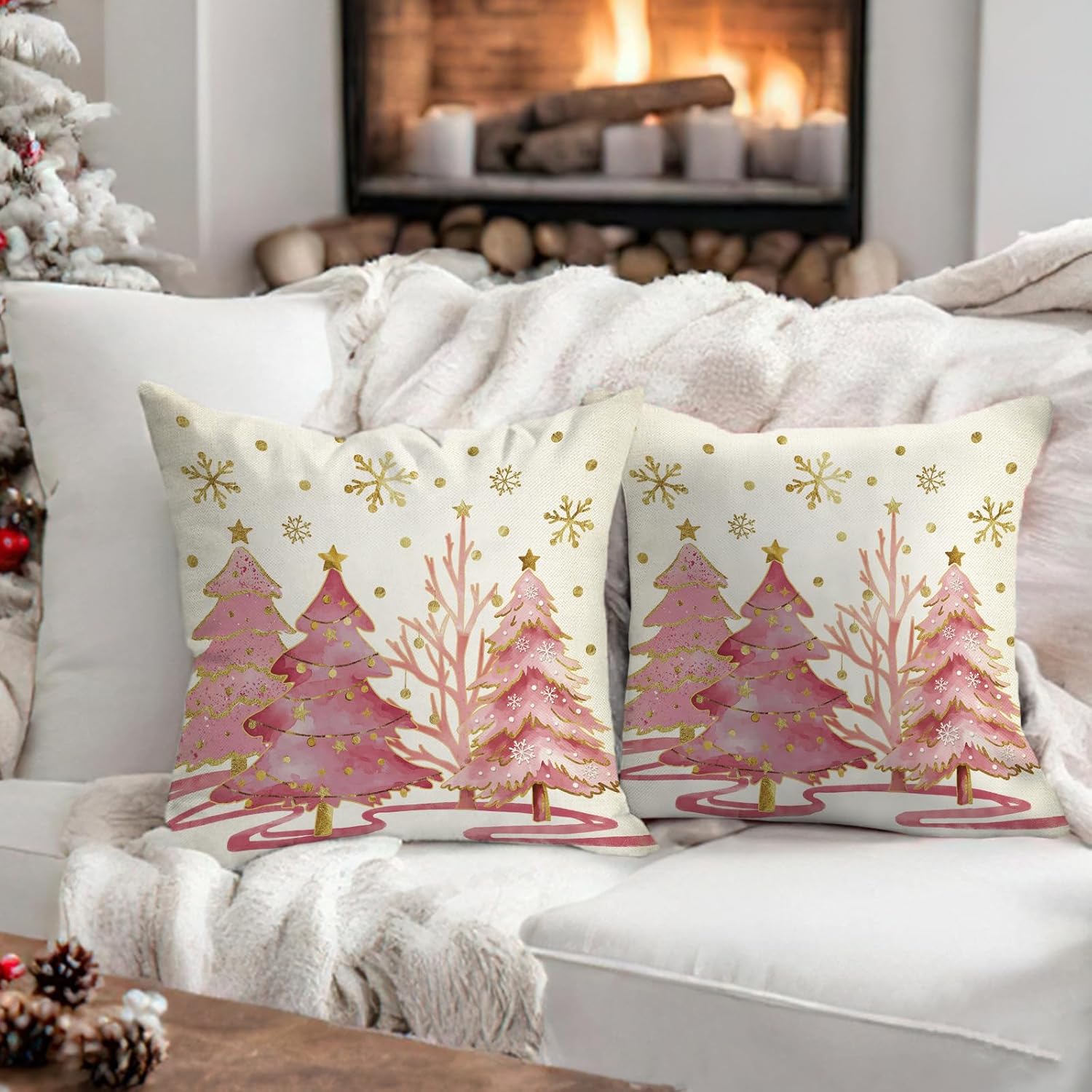 Fahrendom Pink Christmas Tree Decorative Throw Pillow Covers 18 x 18 Set of 2, Xmas Snowflake Porch Patio Outdoor Pillowcase, Winter Holiday Gold Polka Dots Sofa Couch Cushion Case Home Decor - Image 6