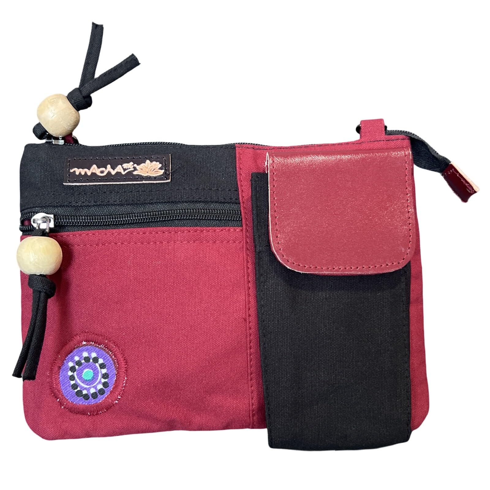 Borsa a Tracolla con Cerniera, Design Bicolore Decorazioni Colorate, Tasche Multiple,borsa piccola in cotone etnico (Bordeaux)