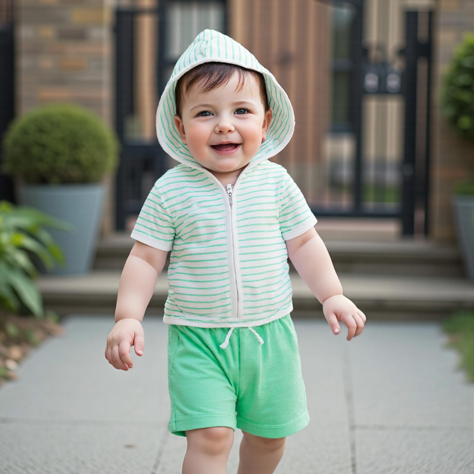 Motlapol Toddler Baby Boy Girl Swim Cover Up Striped/Checkered Terry Cloth Swim Suit Shorts and Top Kids Bathing Suit Coverup (Striped Green, 4-5T)